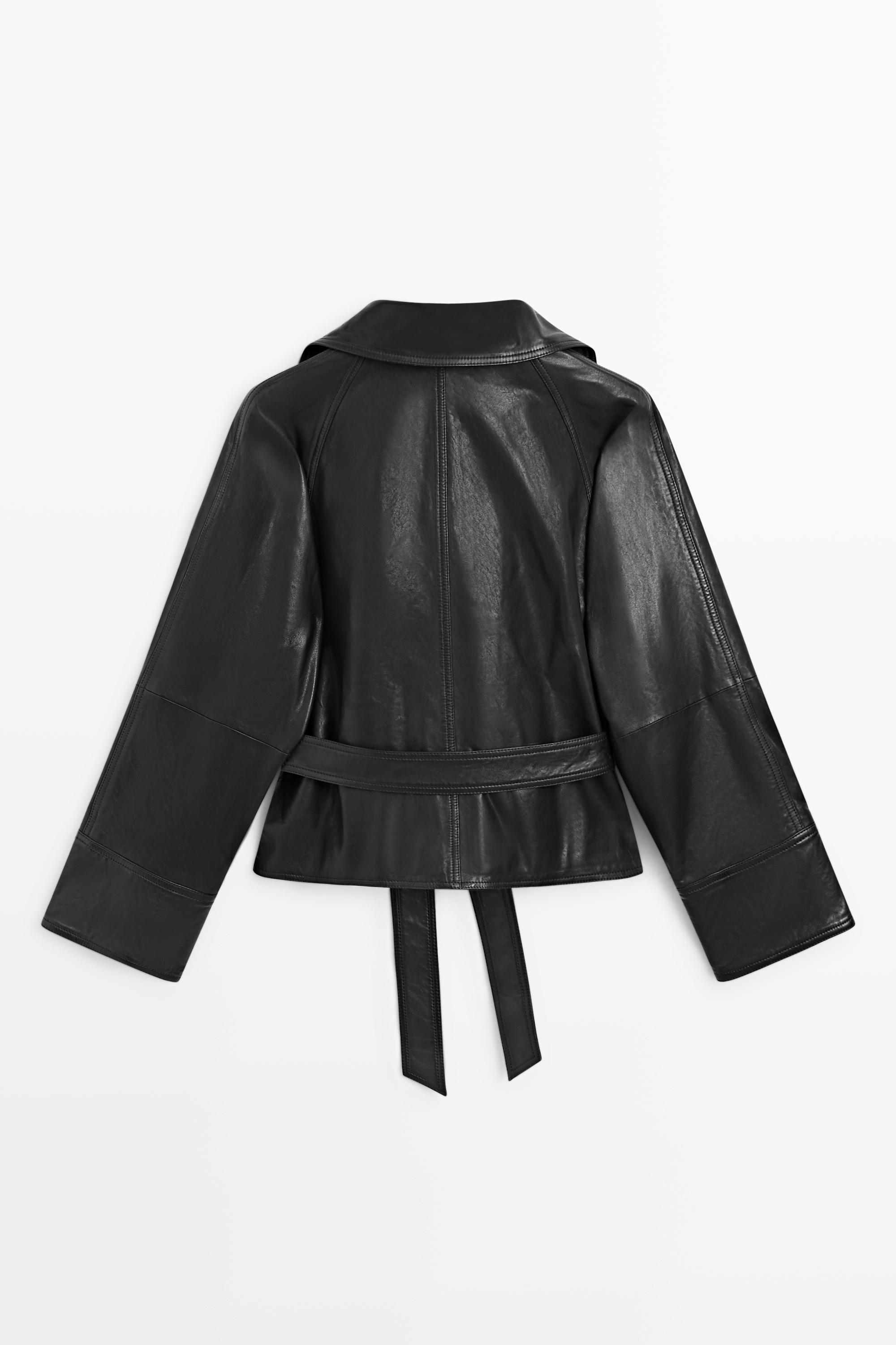 Short leather jacket with belt - BLACK