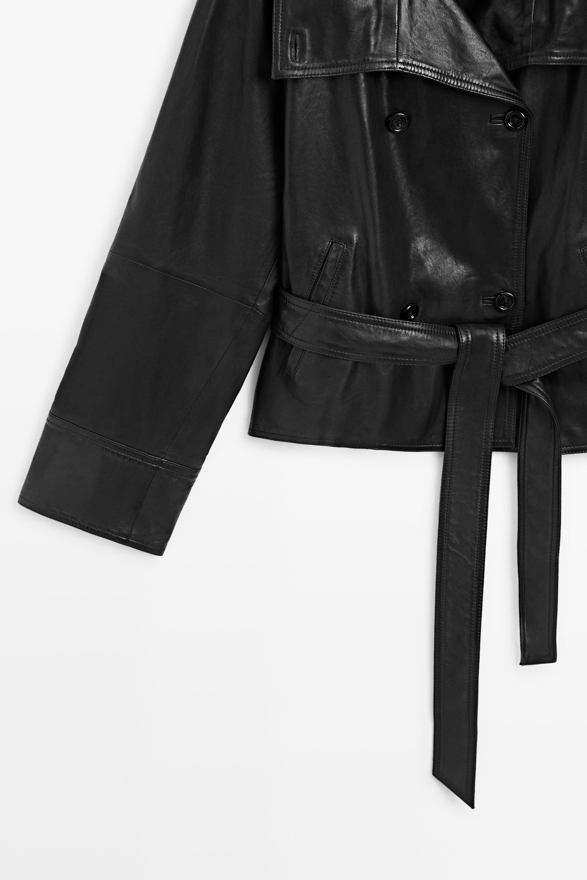 Short leather jacket with belt - BLACK