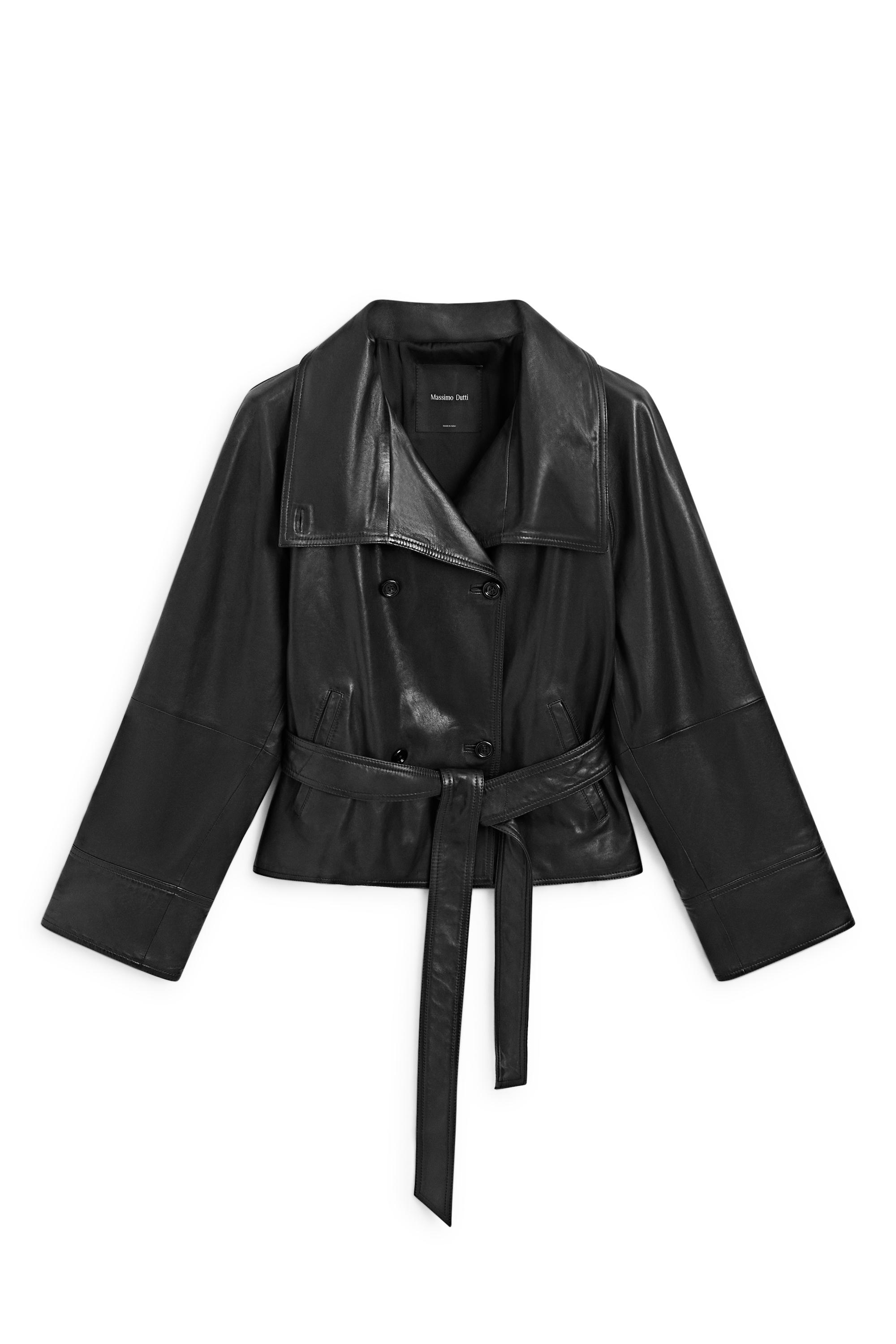 Short leather jacket with belt - BLACK