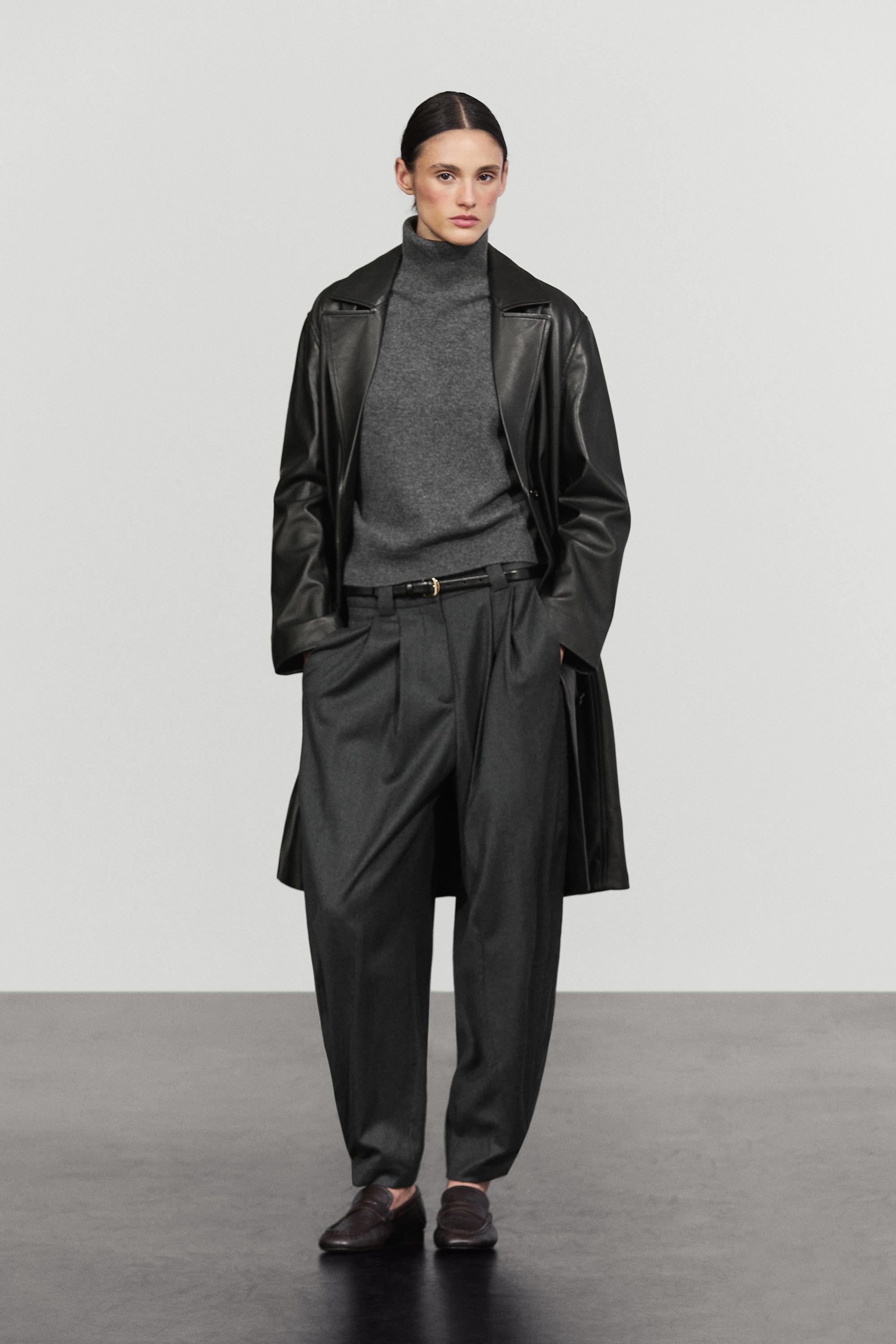 Pleated flannel trousers with hem detail - DARK GREY
