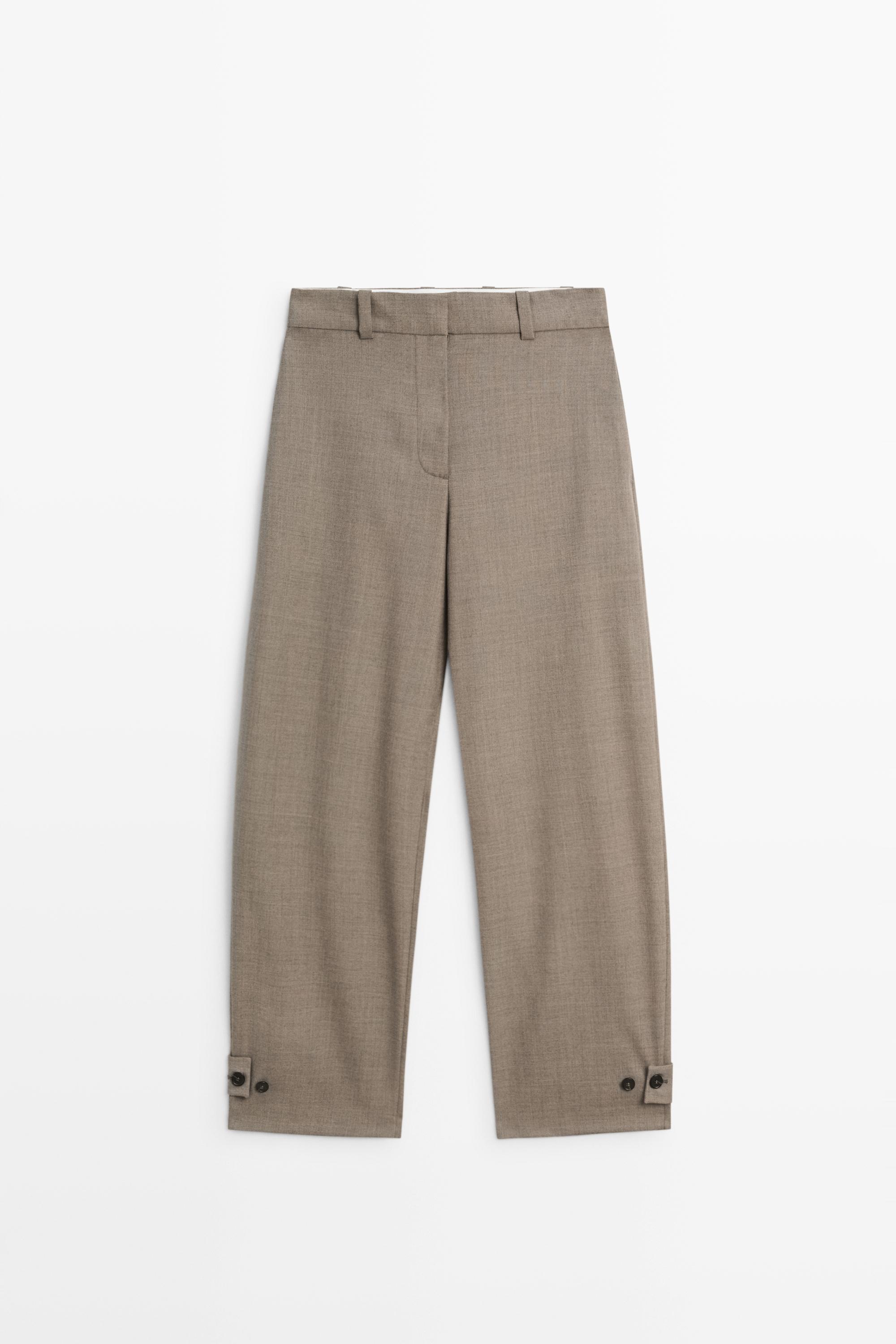100% wool darted pants with buttoned hem detail - Sand