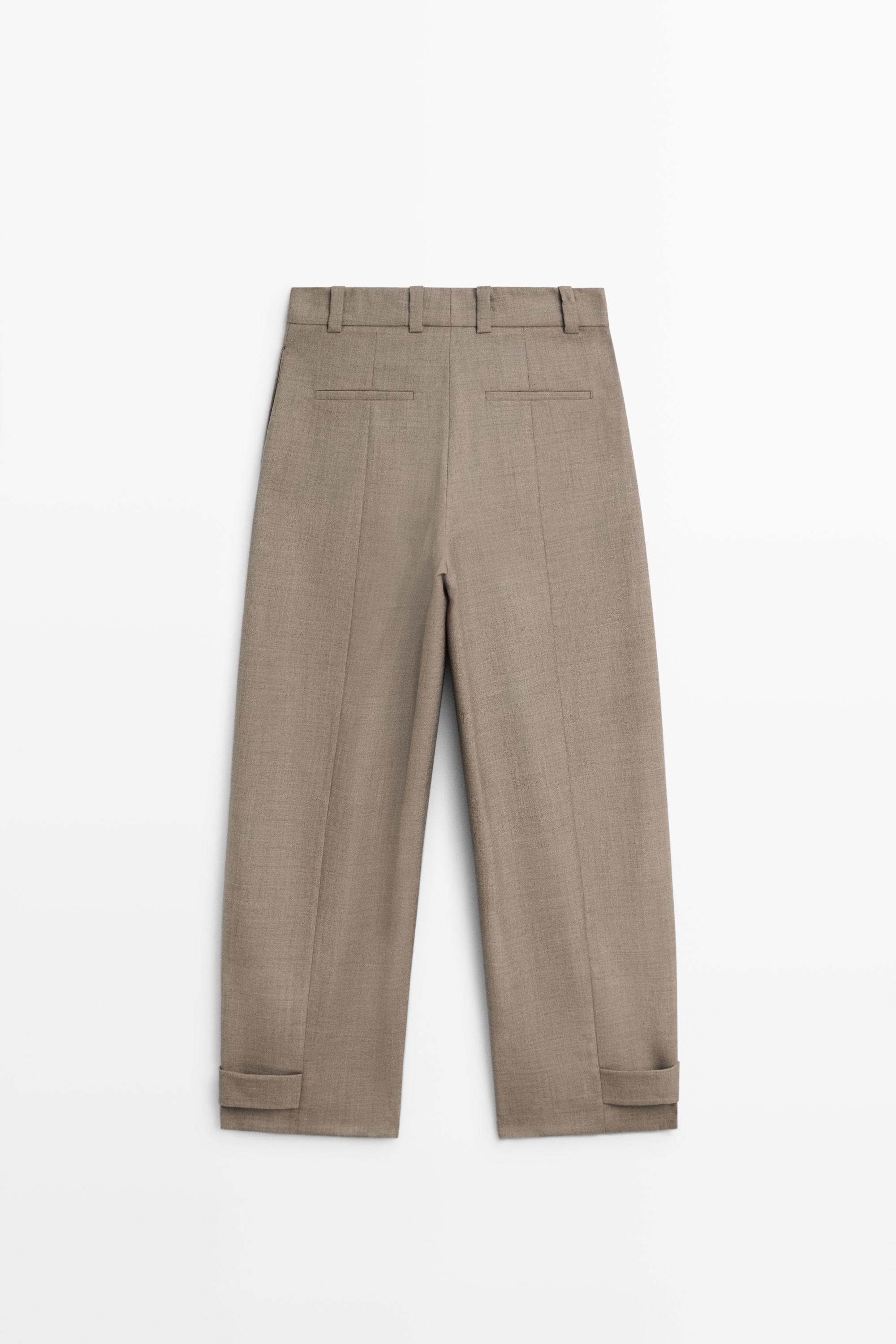 100% wool darted pants with buttoned hem detail - Sand
