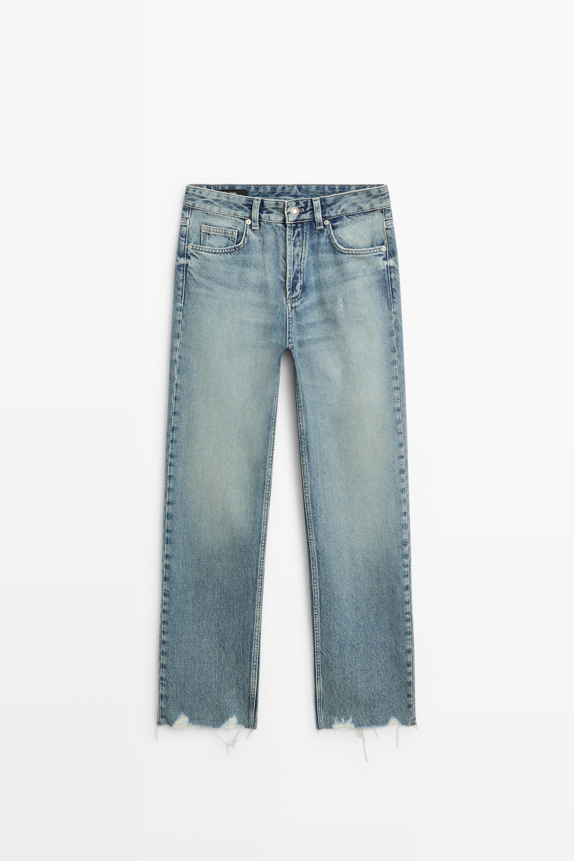 Mid-waist stovepipe jeans with frayed hems - Light Blue