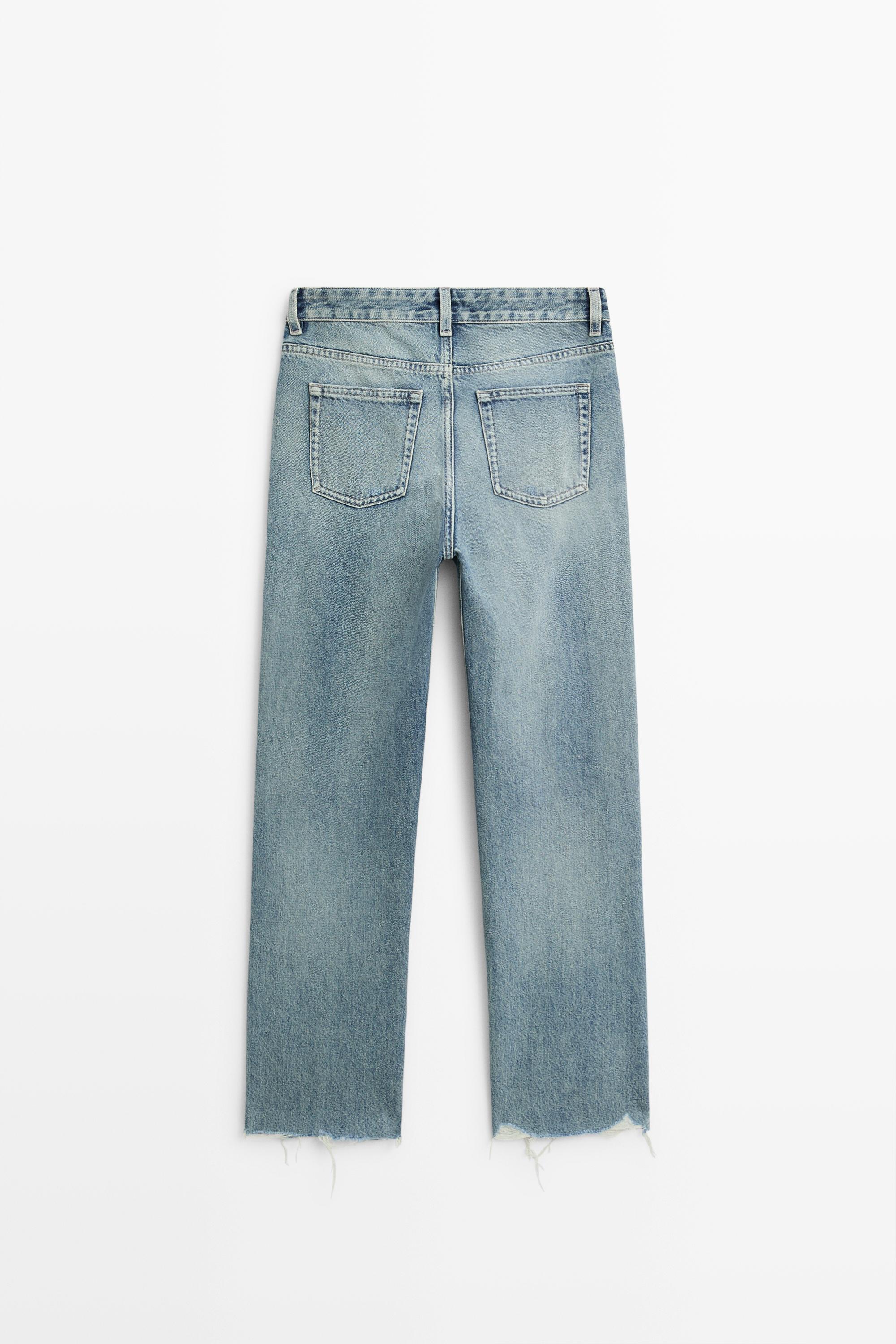 Mid-waist stovepipe jeans with frayed hems - Light Blue