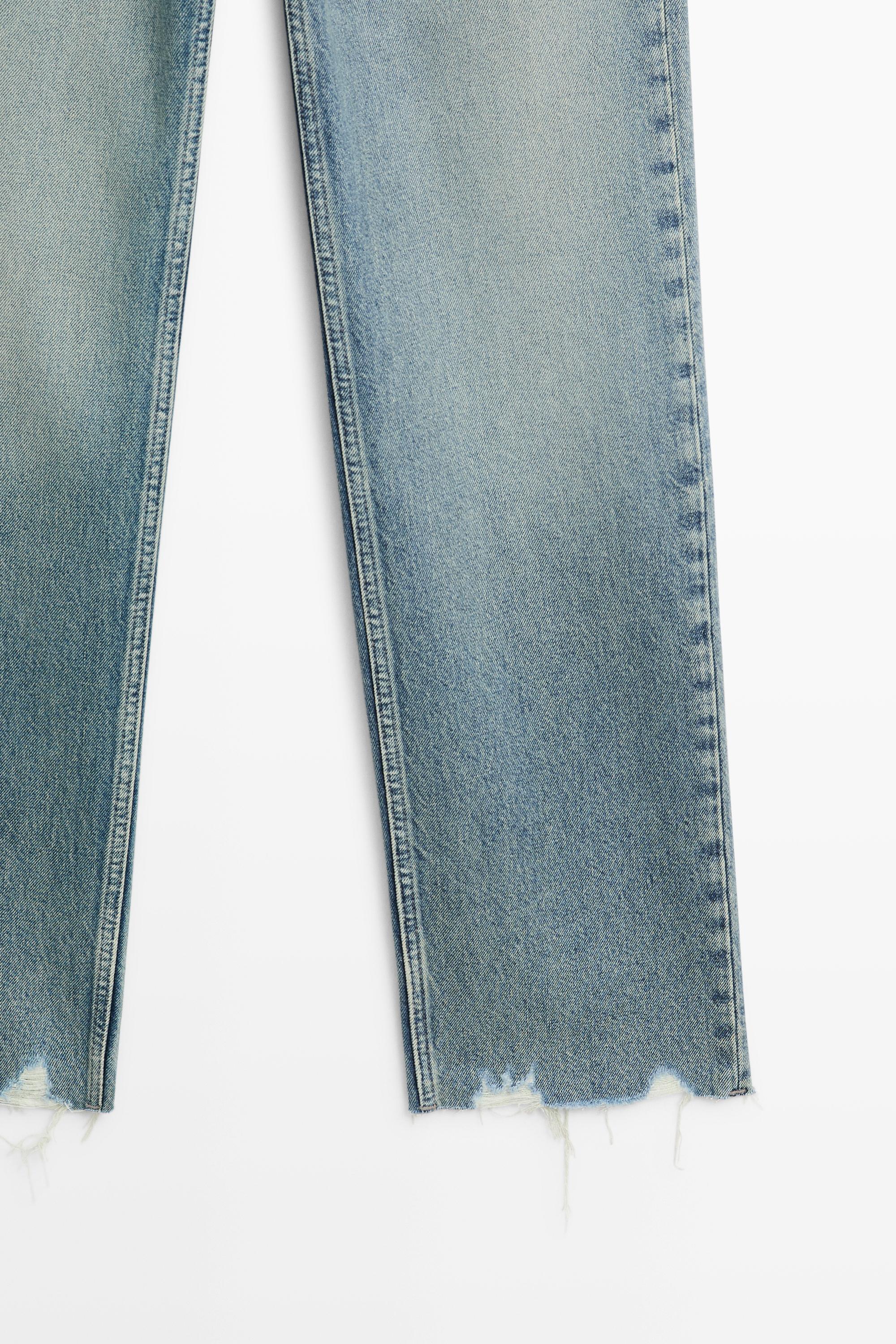 Mid-waist stovepipe jeans with frayed hems - Light Blue