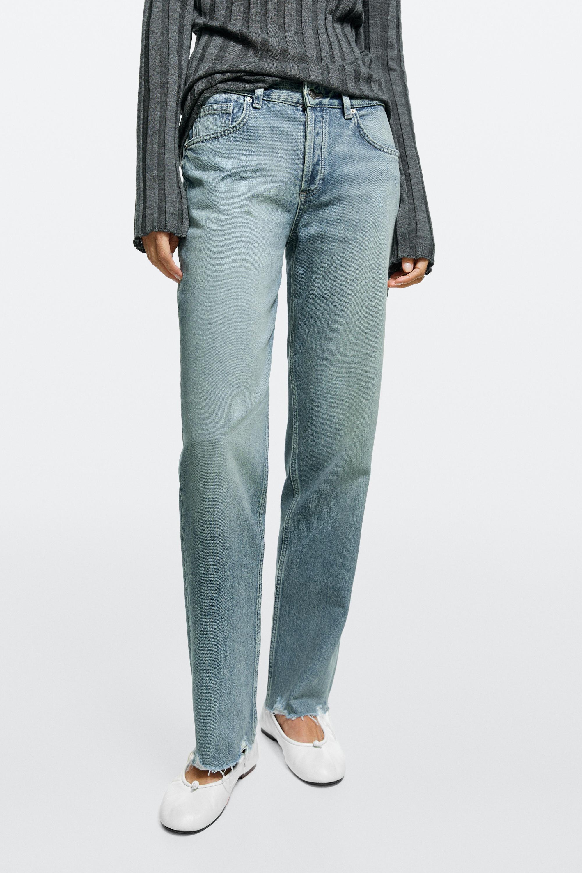 Mid-waist stovepipe jeans with frayed hems - Light Blue