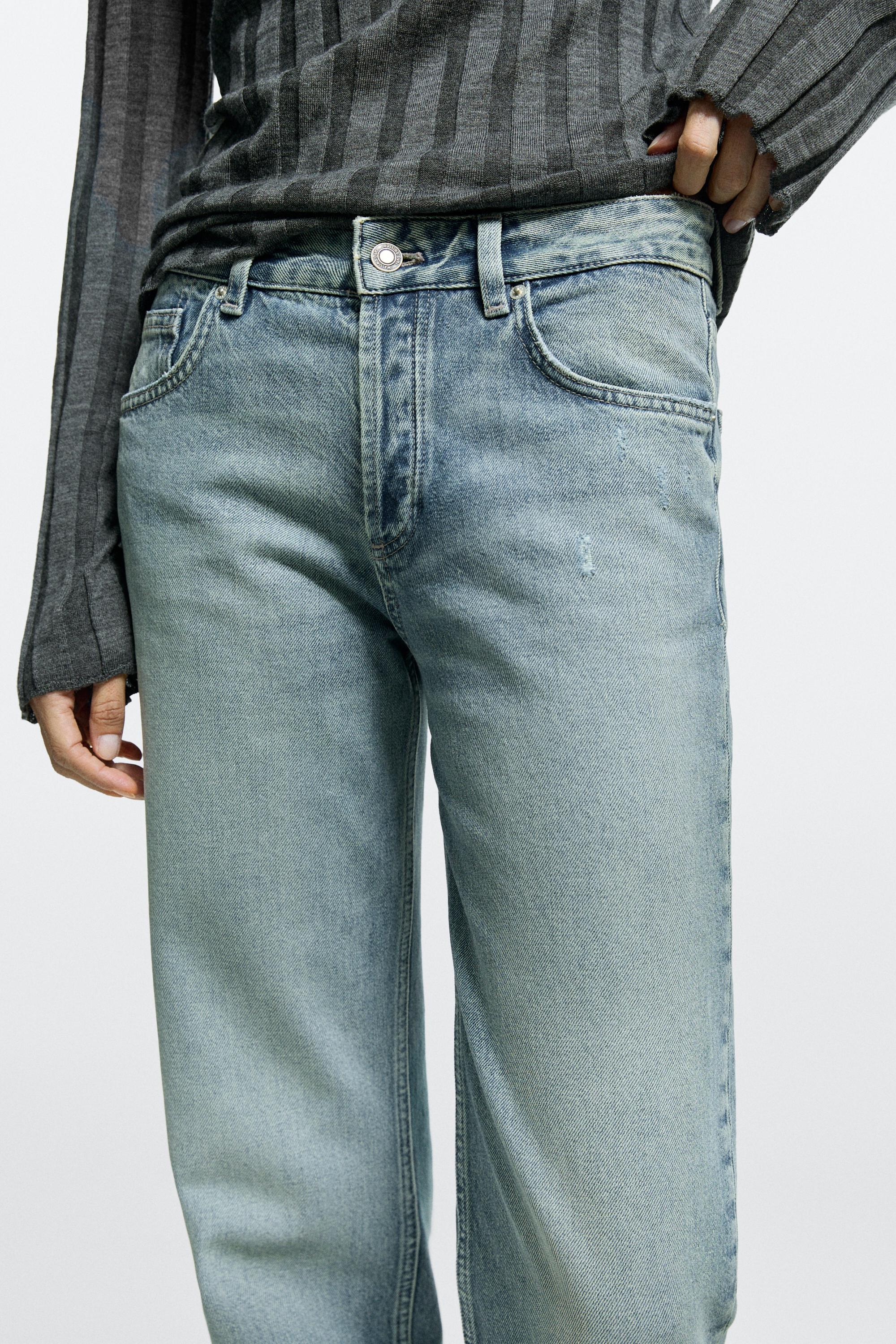 Mid-waist stovepipe jeans with frayed hems - Light Blue