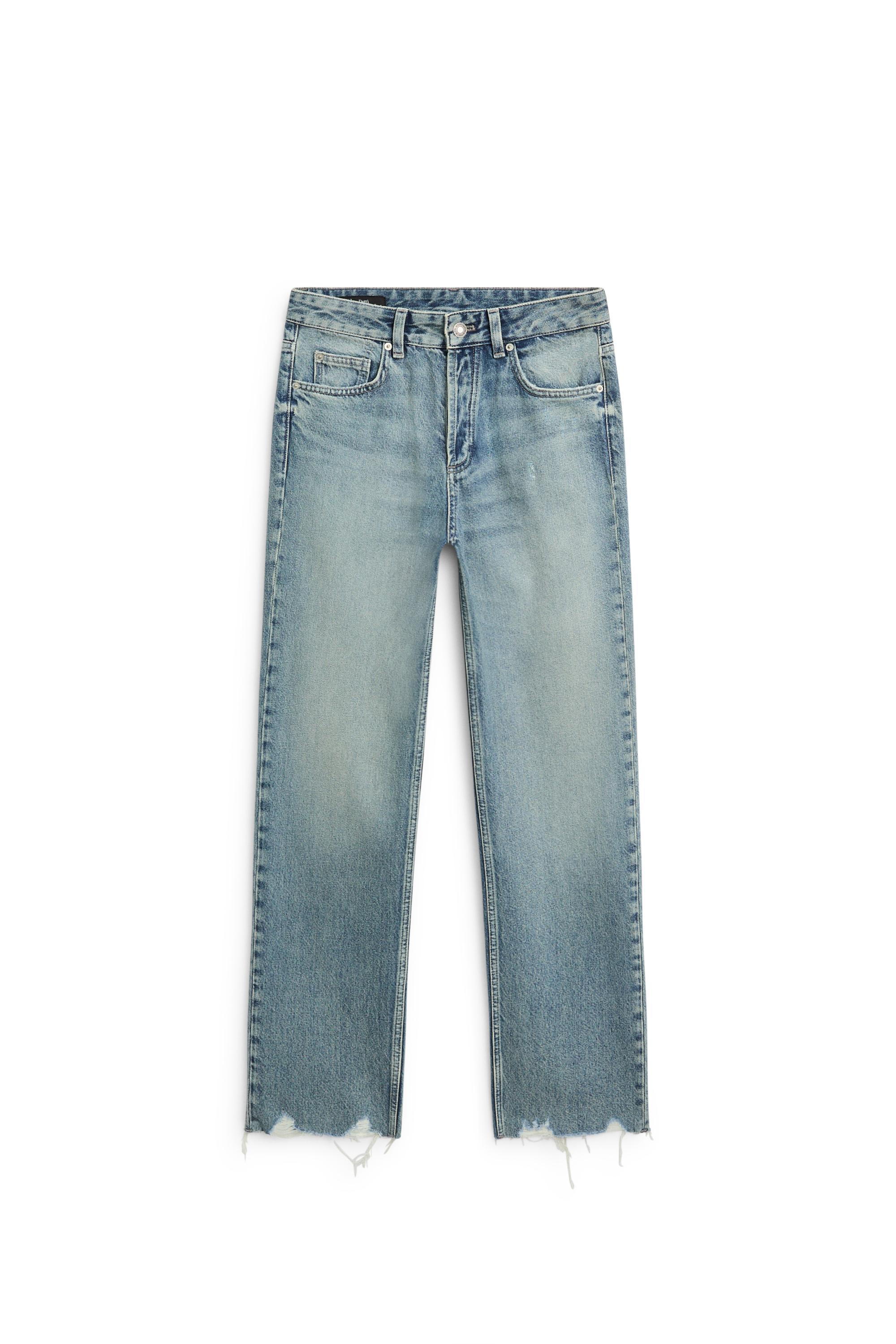 Mid-waist stovepipe jeans with frayed hems - Light Blue