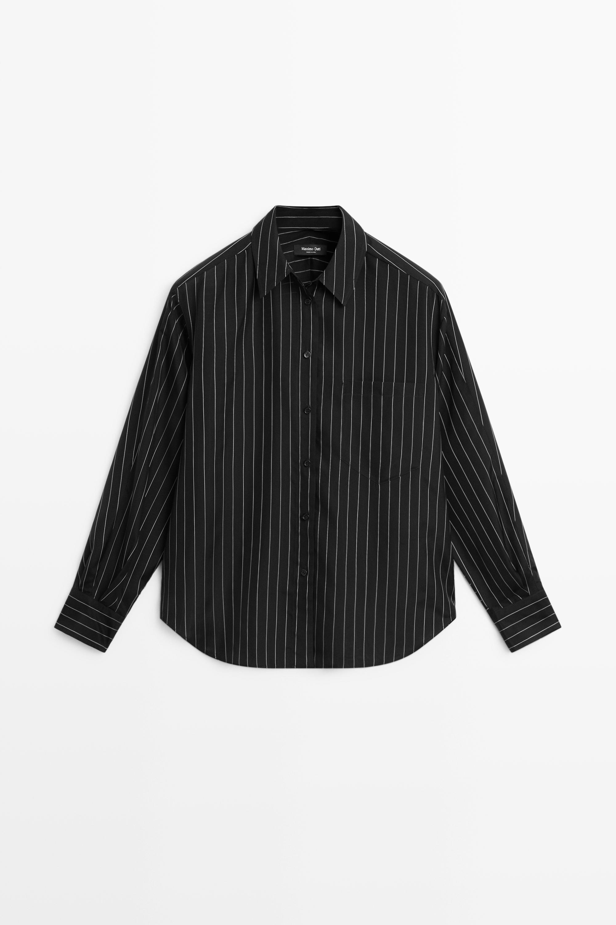 Striped flowing shirt with pocket detail - BLACK