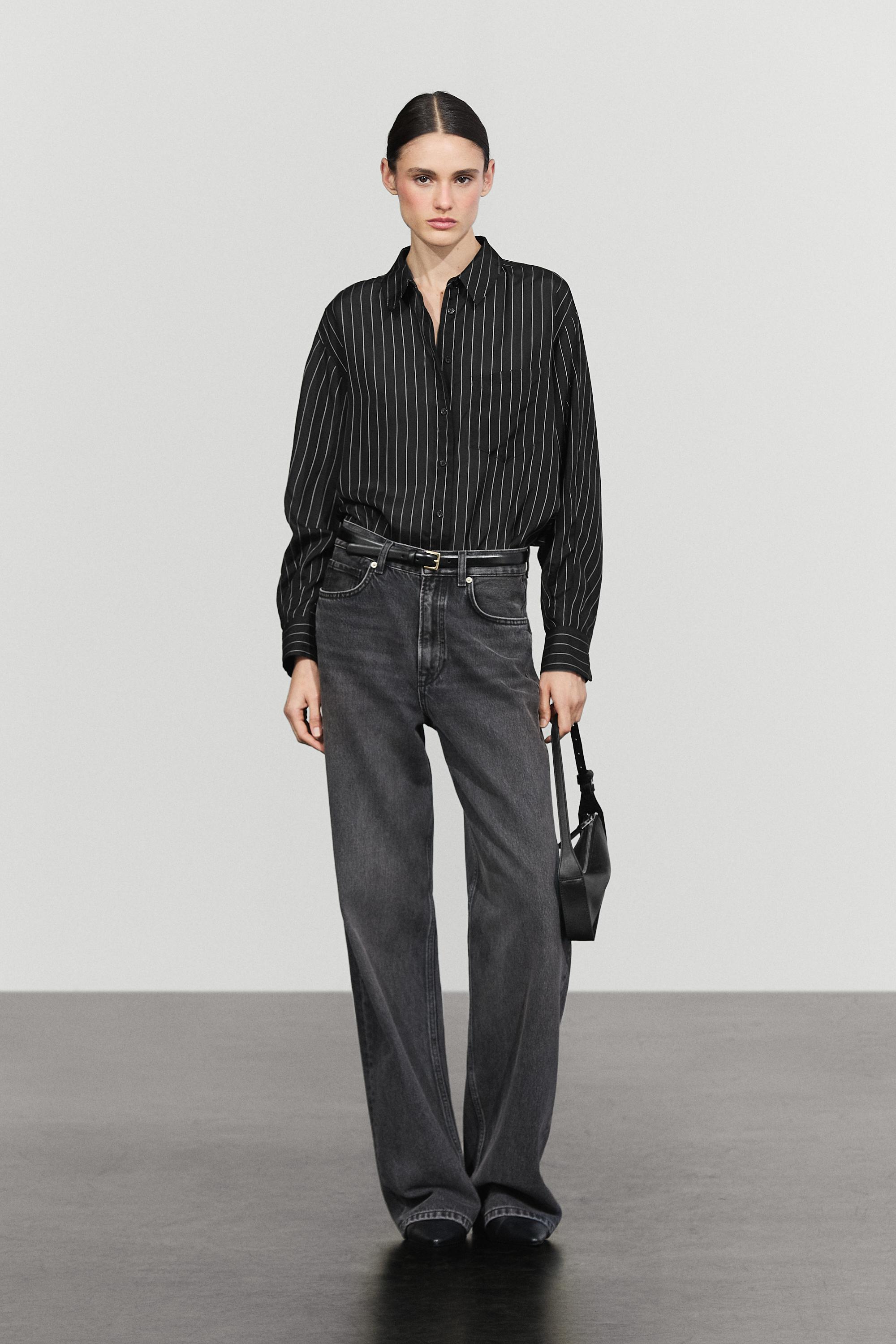 Striped flowing shirt with pocket detail - BLACK