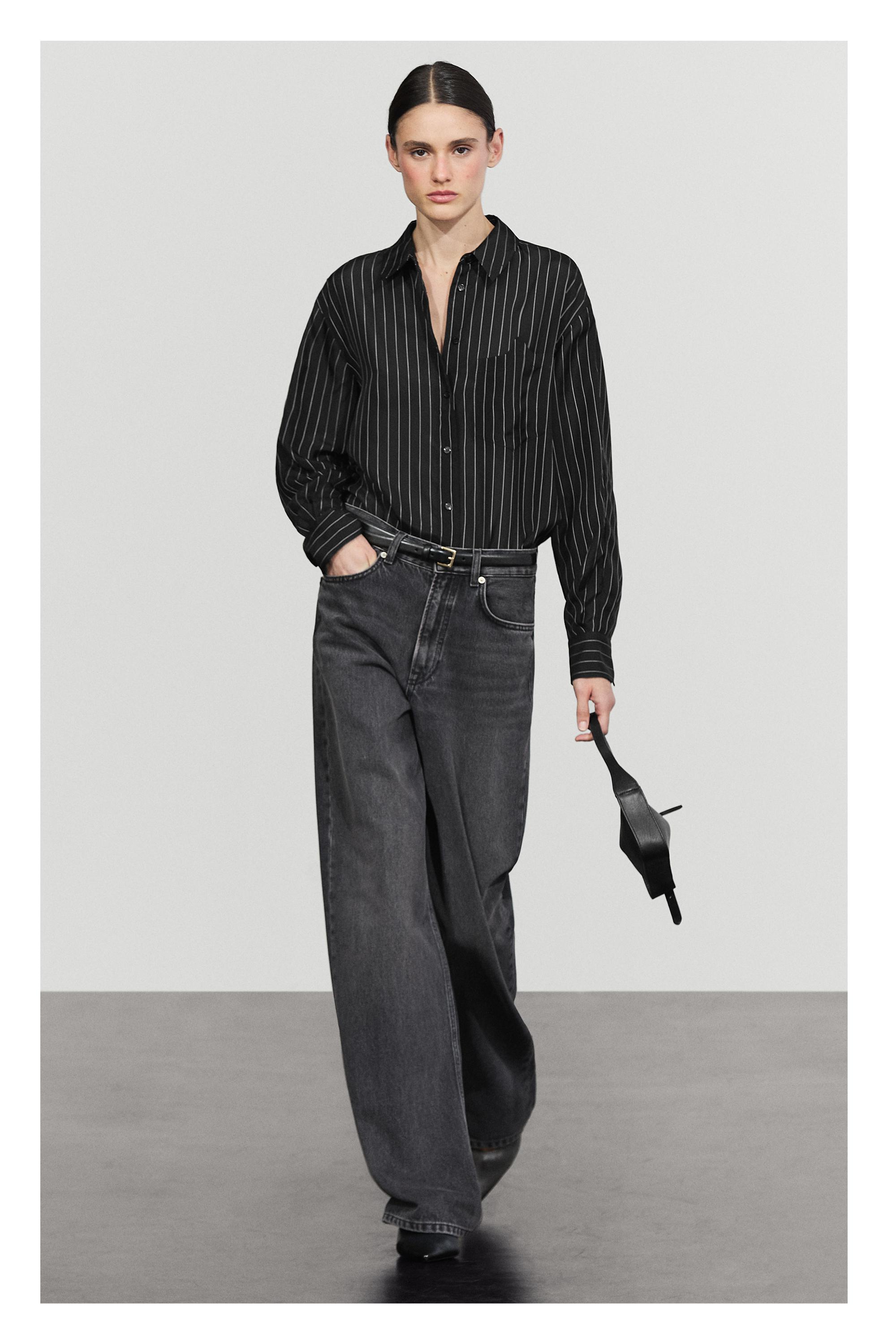 Striped flowing shirt with pocket detail - BLACK