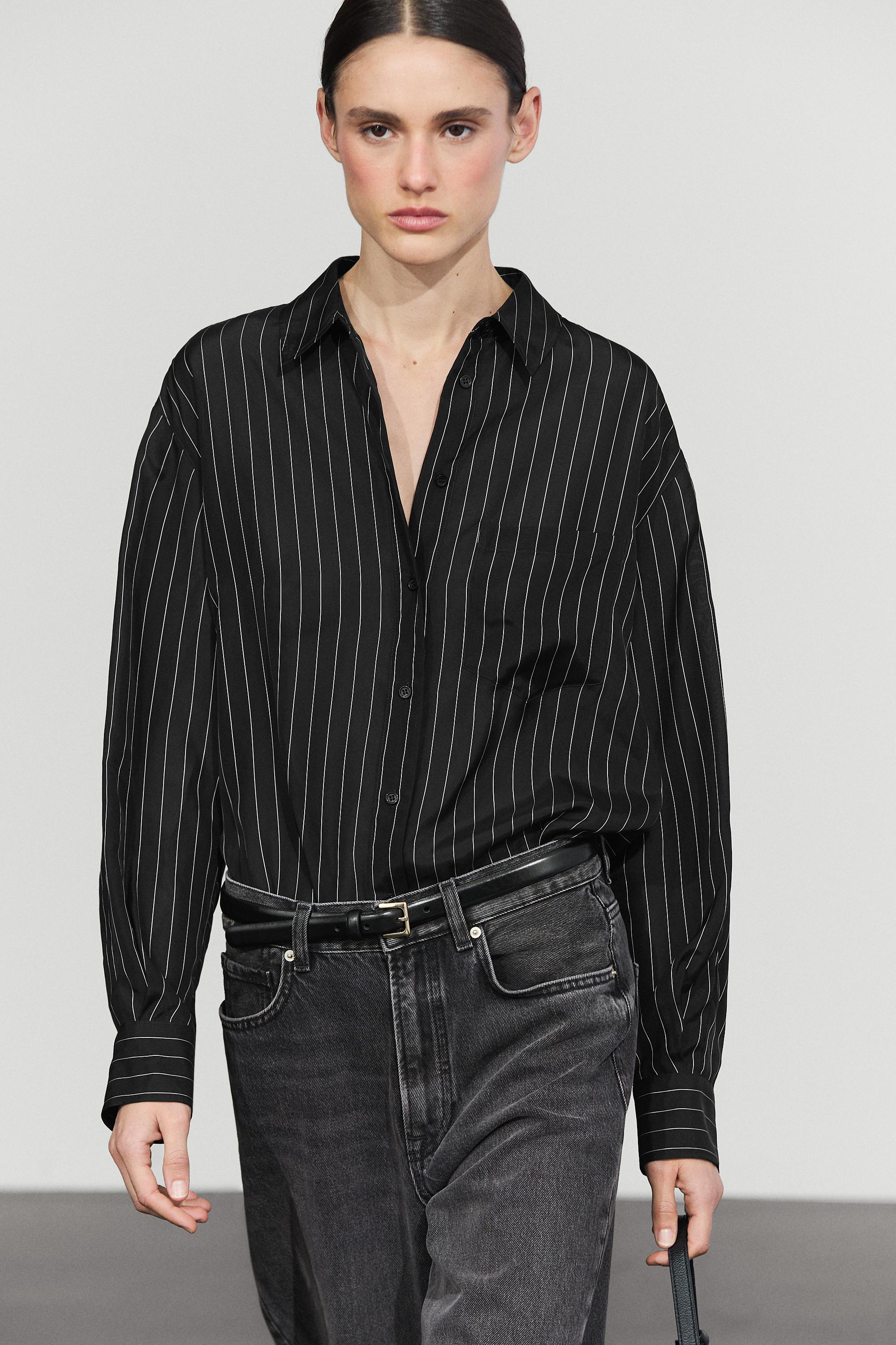 Striped flowing shirt with pocket detail - BLACK