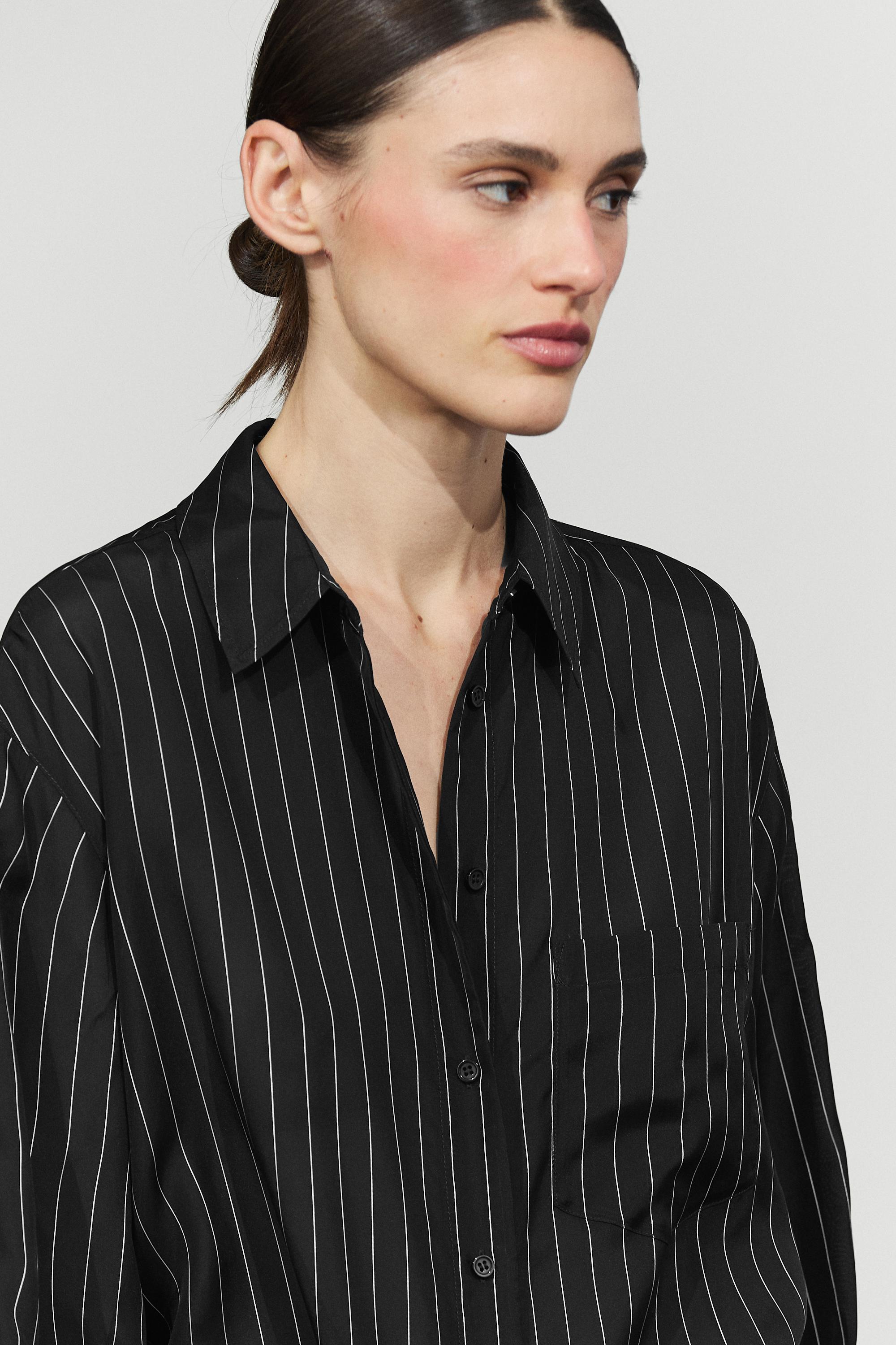 Striped flowing shirt with pocket detail - BLACK