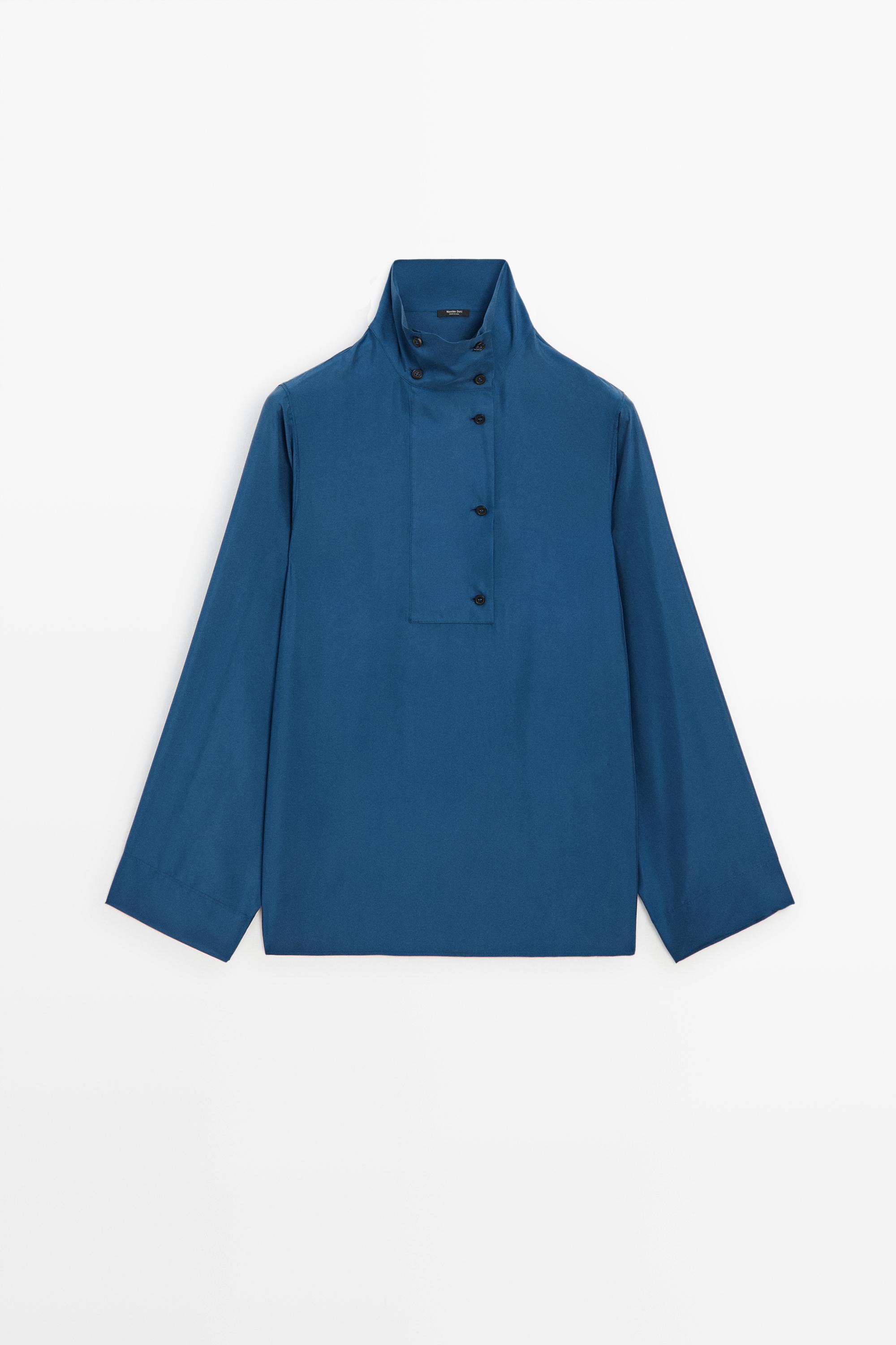100% mulberry silk blouse with stand collar - BLUE