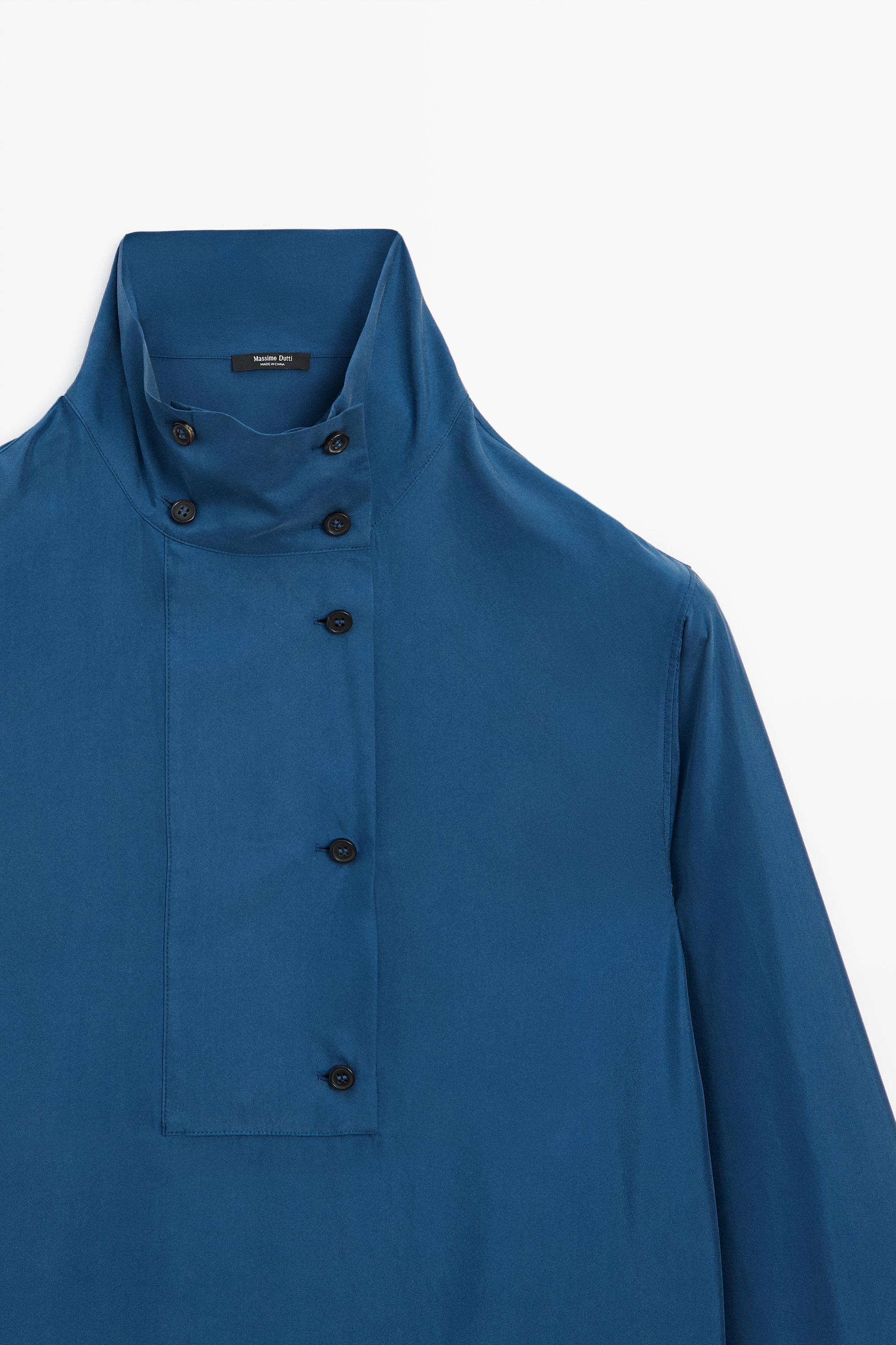 100% mulberry silk blouse with stand collar - BLUE
