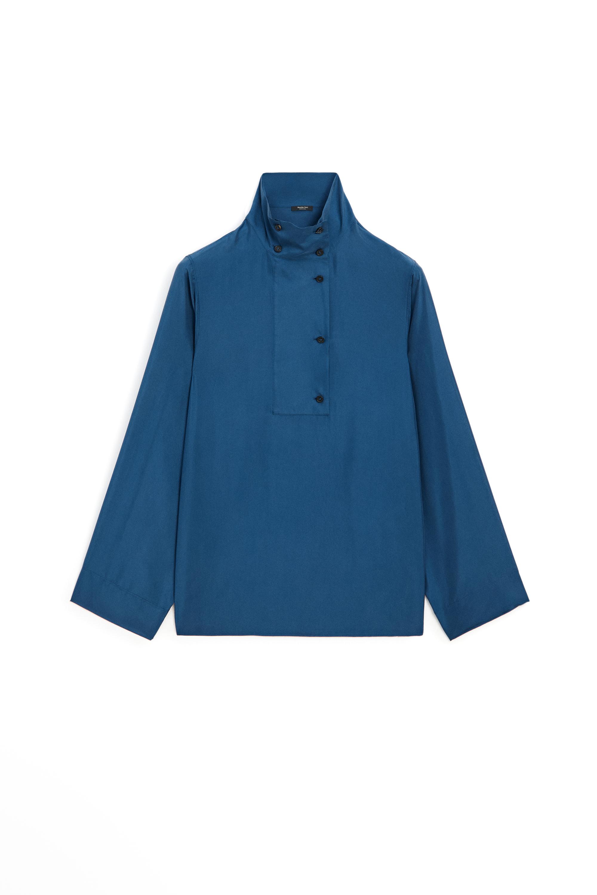 100% mulberry silk blouse with stand collar - BLUE