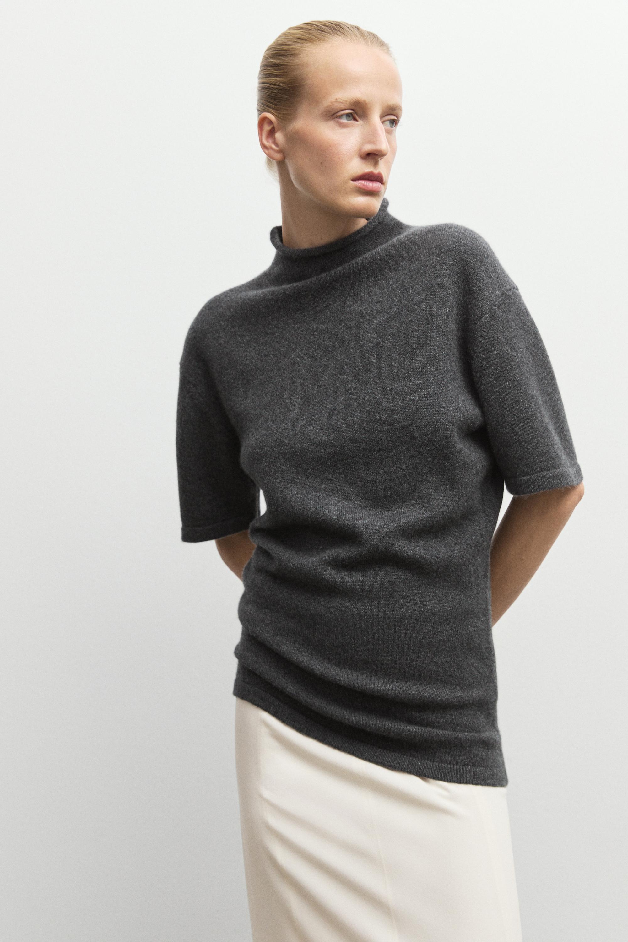 100% cashmere knit short sleeve sweater - GREY