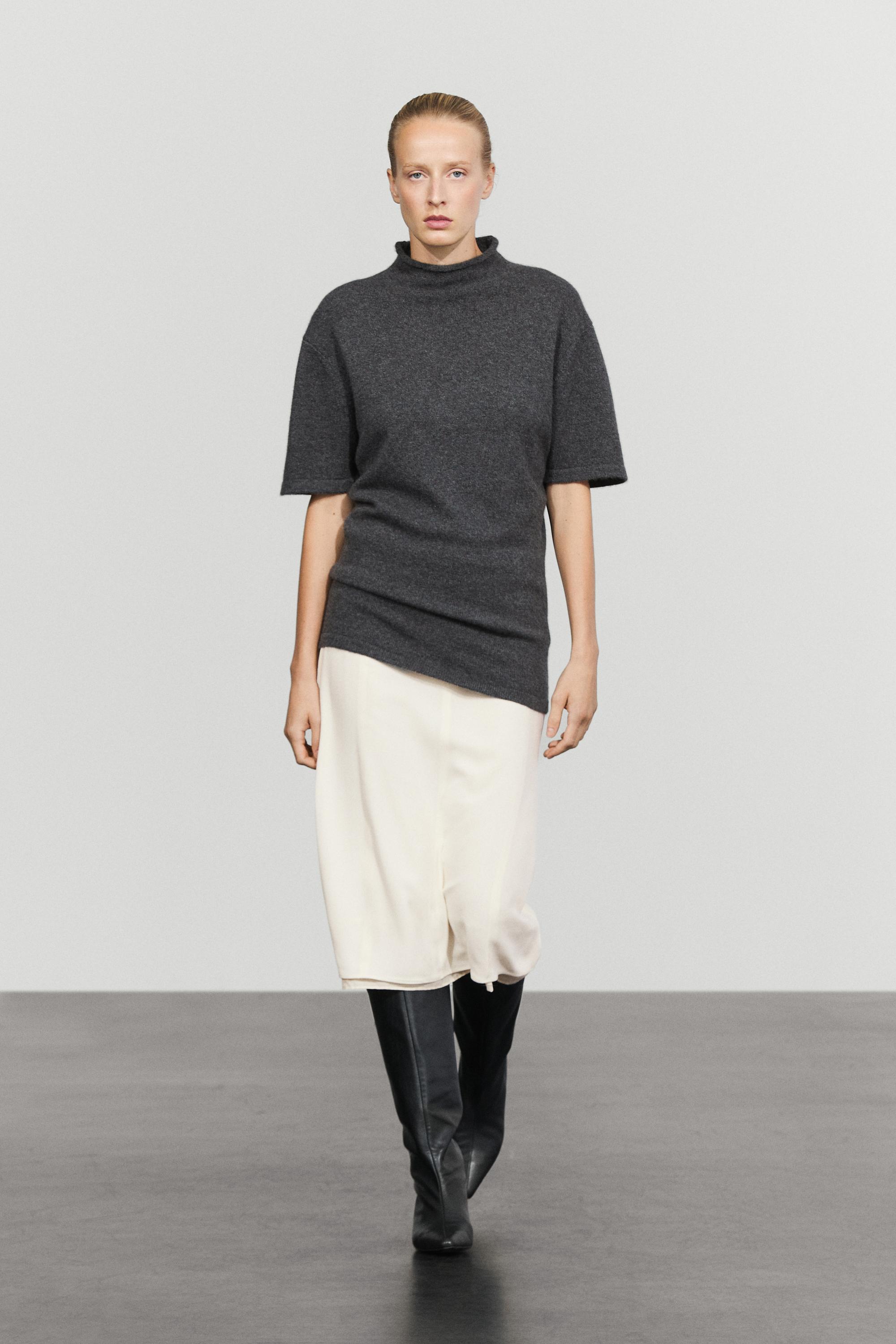 100% cashmere knit short sleeve sweater - GREY