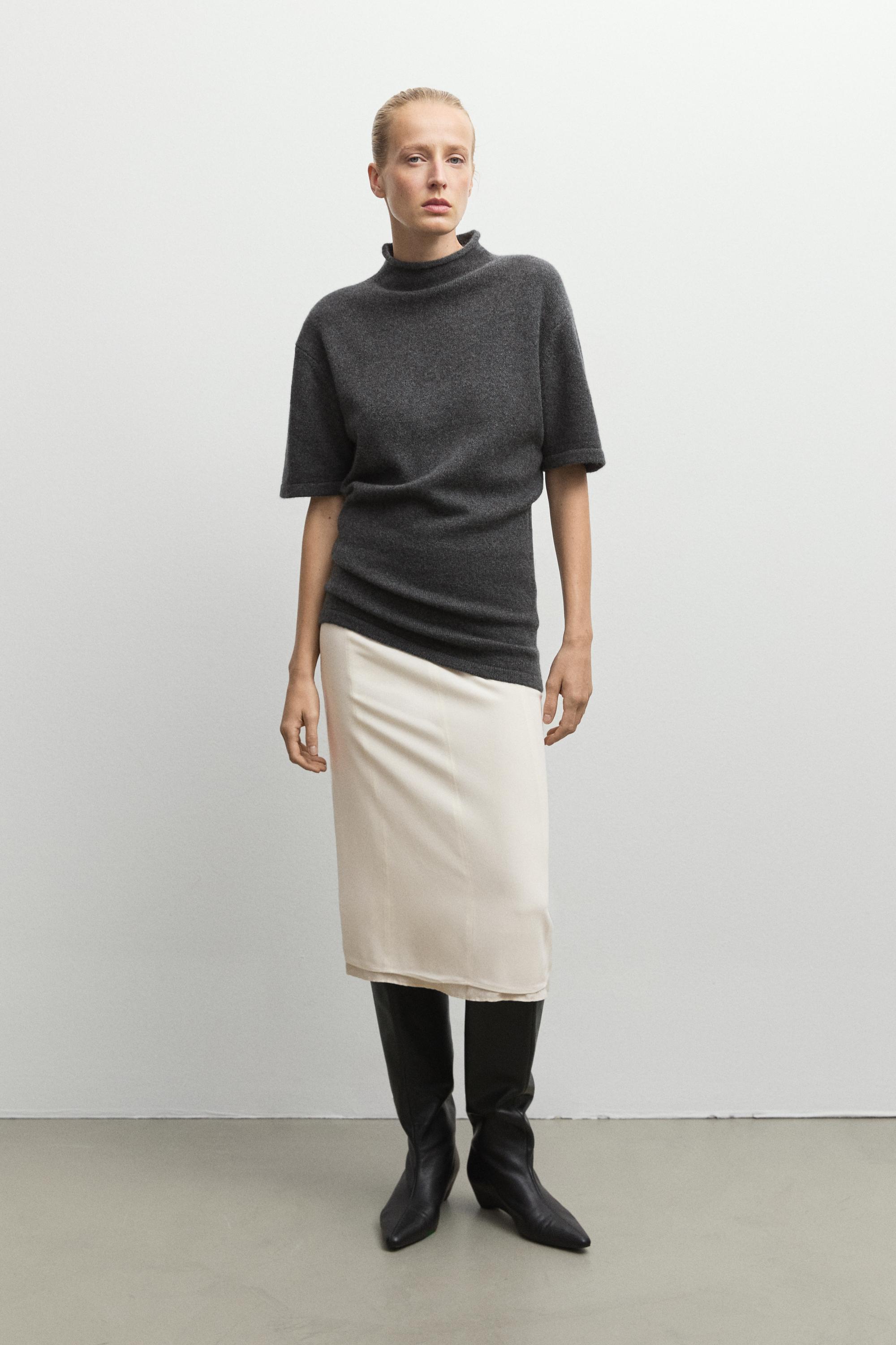 100% cashmere knit short sleeve sweater - GREY