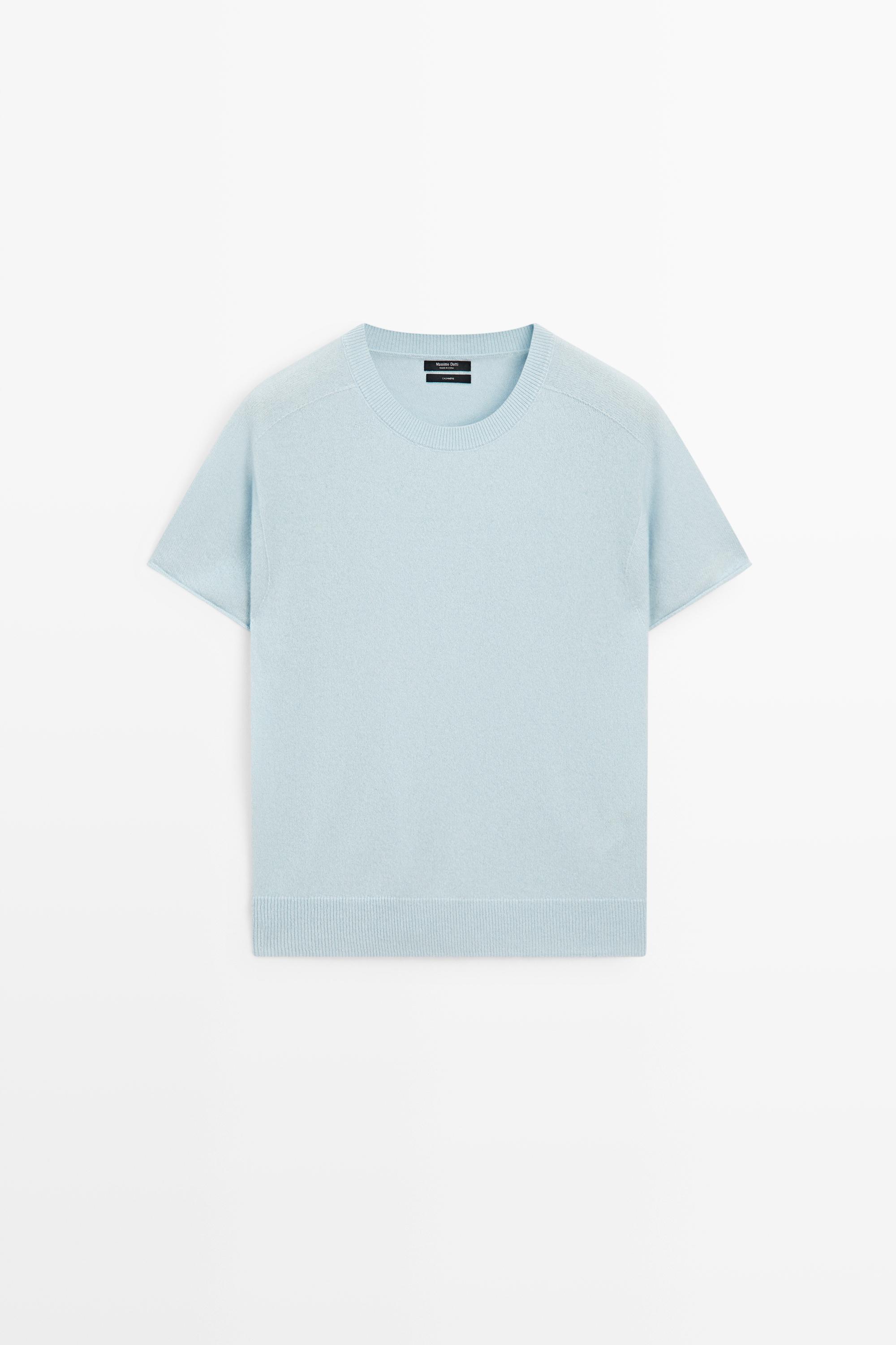 100% cashmere short sleeve knit sweater - SKY BLUE