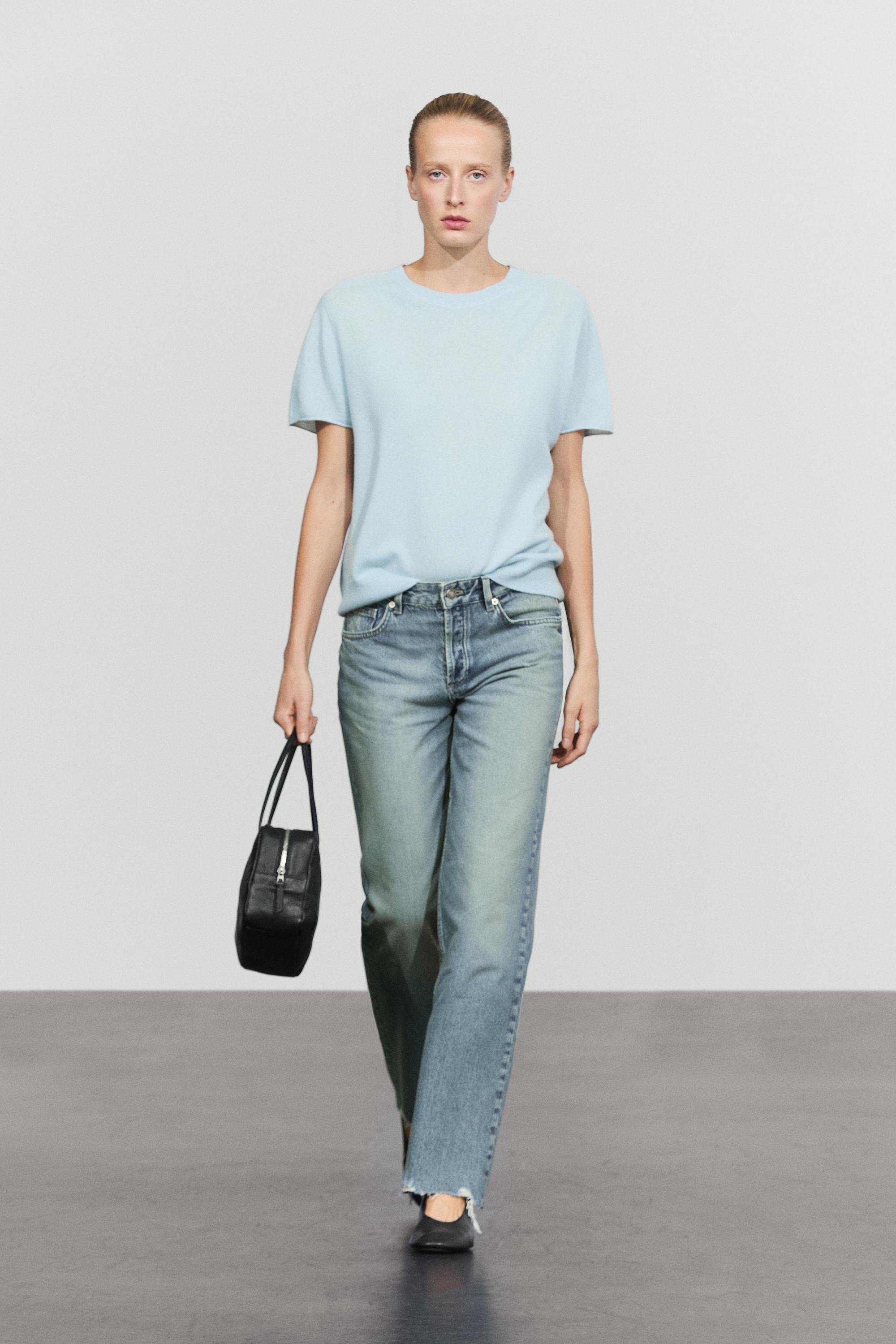 100% cashmere short sleeve knit sweater - SKY BLUE