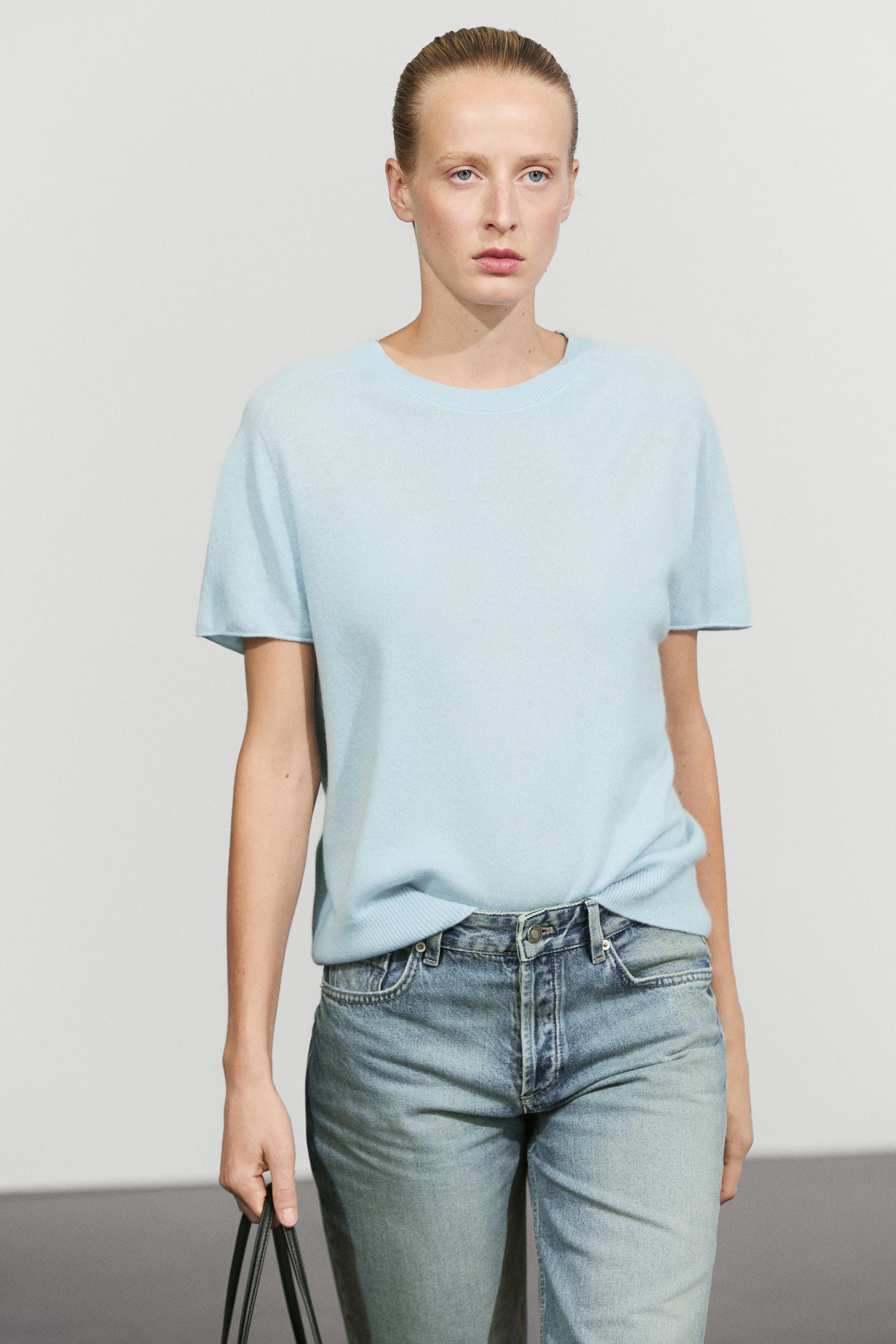 100% cashmere short sleeve knit sweater - SKY BLUE