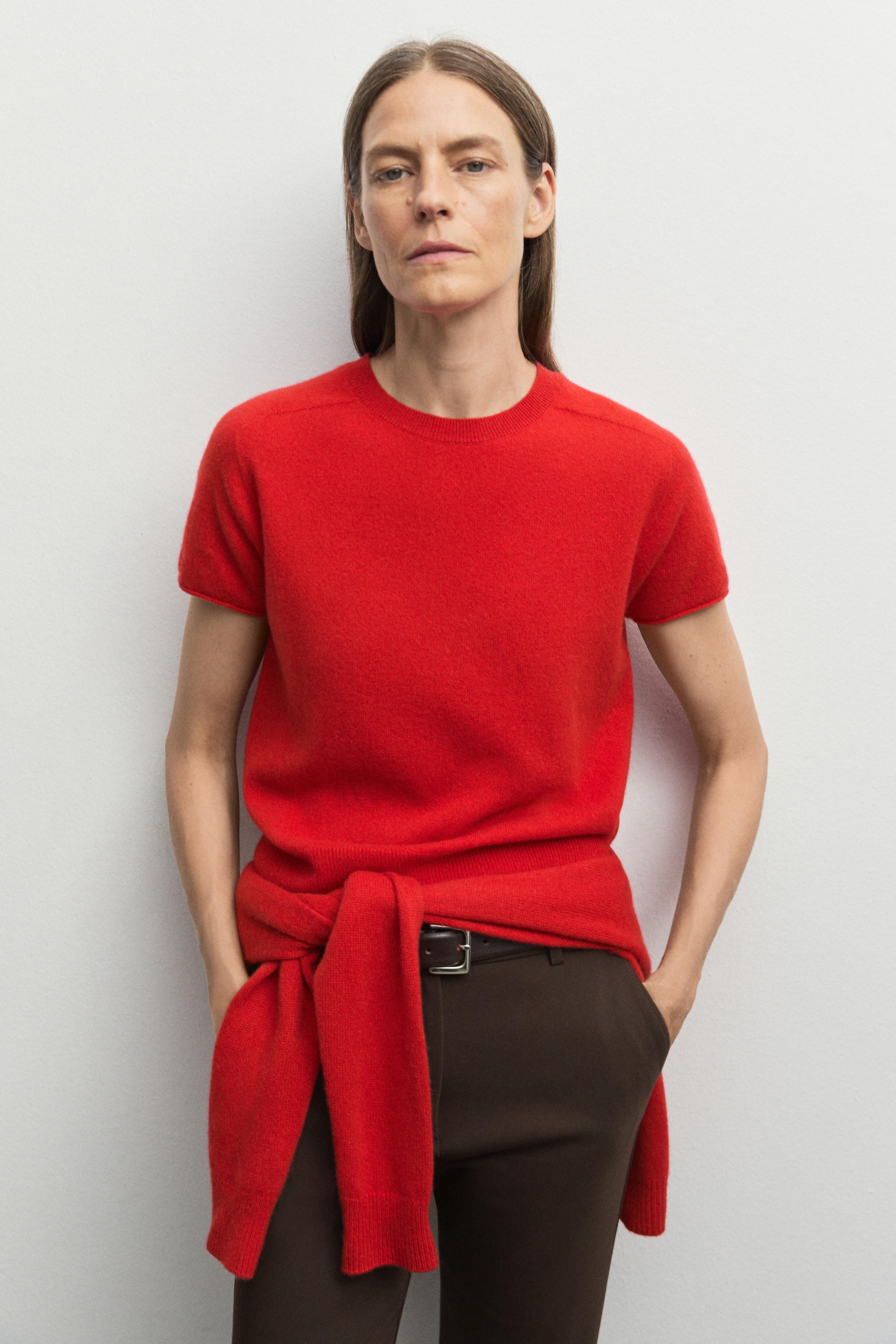 100% cashmere short sleeve knit sweater - RED