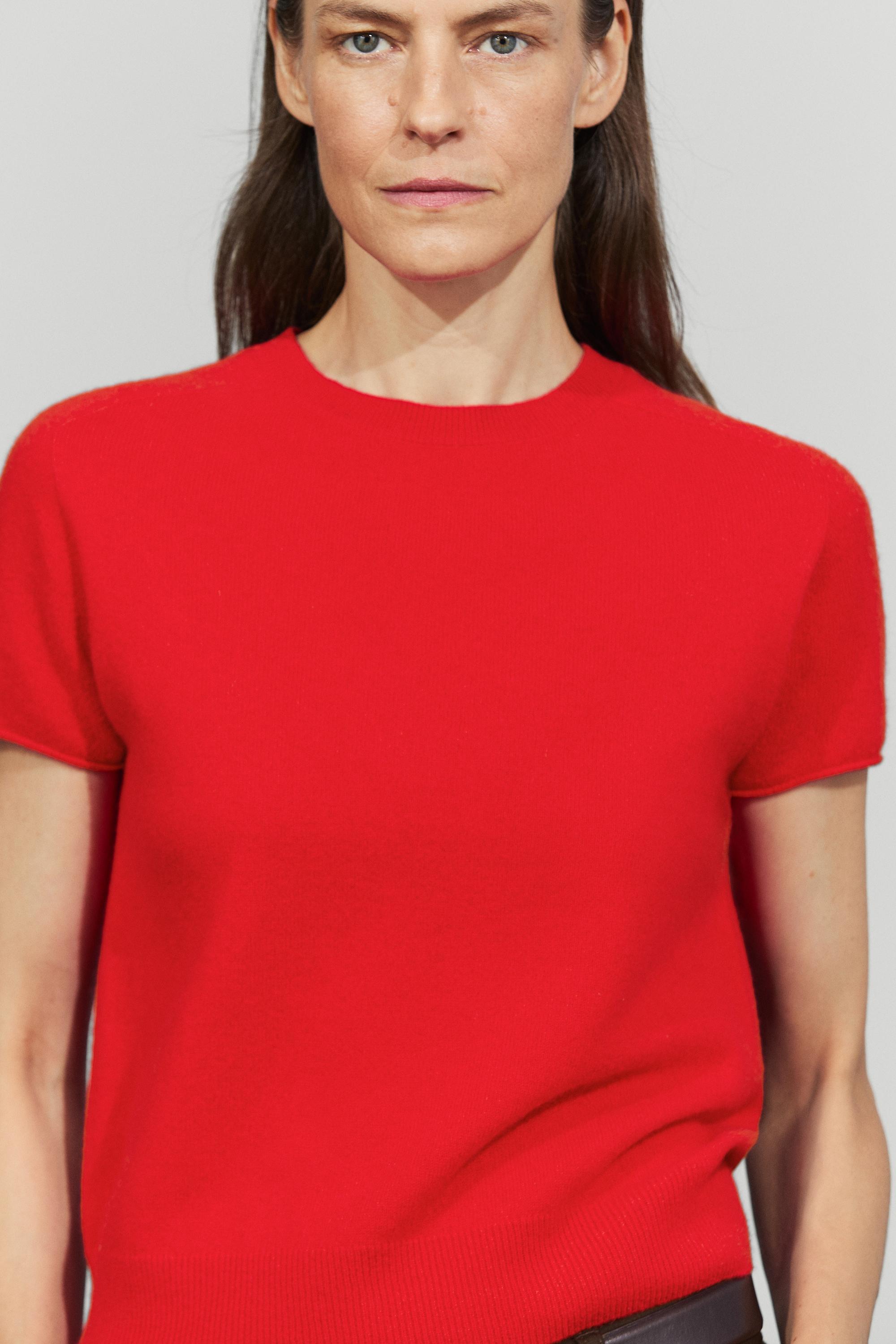 100% cashmere short sleeve knit sweater - RED