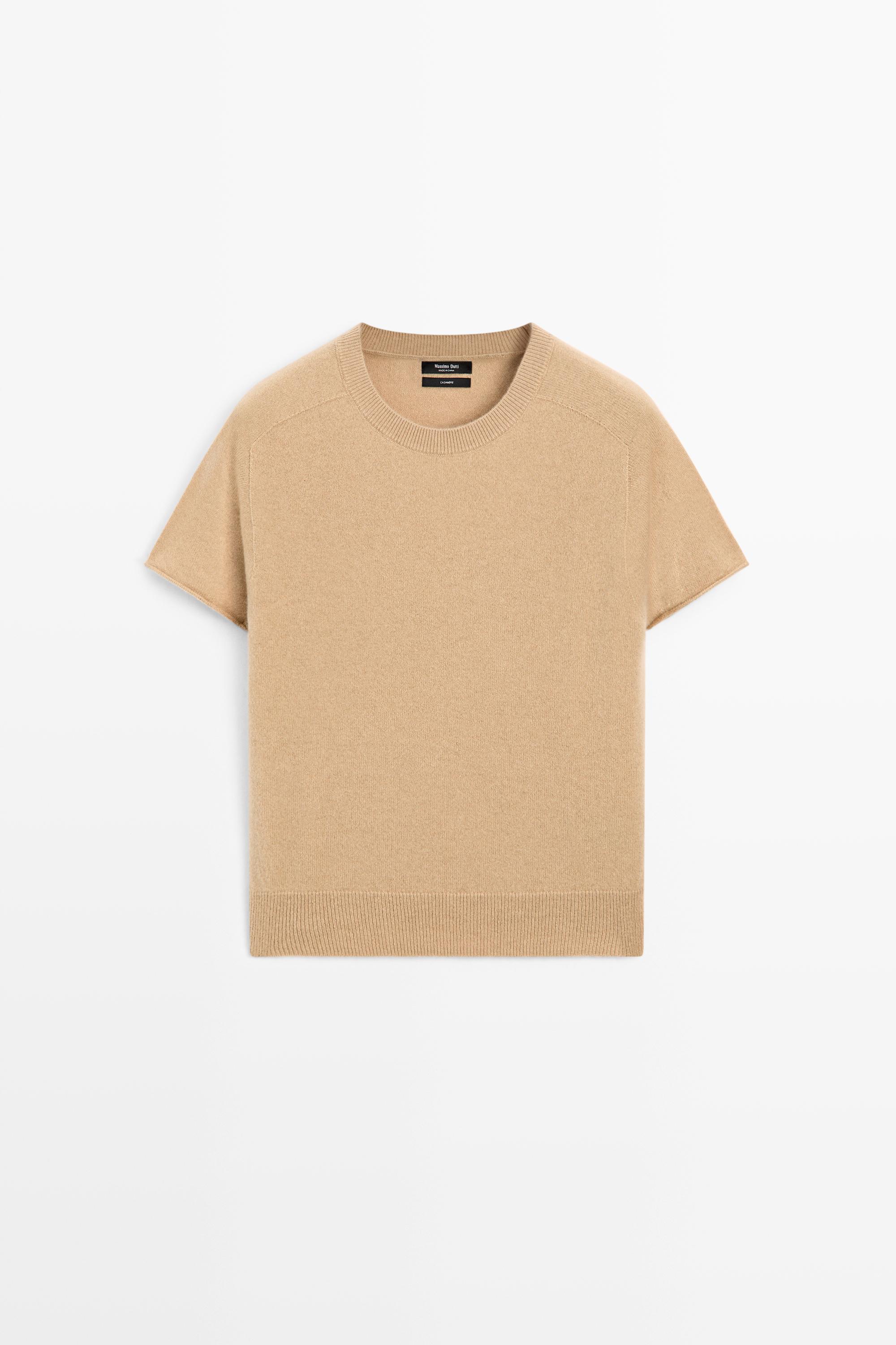 100% cashmere short sleeve knit sweater - CAMEL