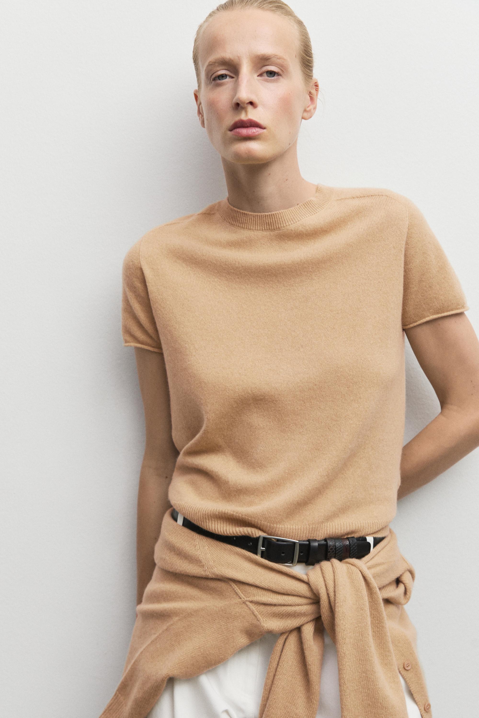 100% cashmere short sleeve knit sweater - CAMEL