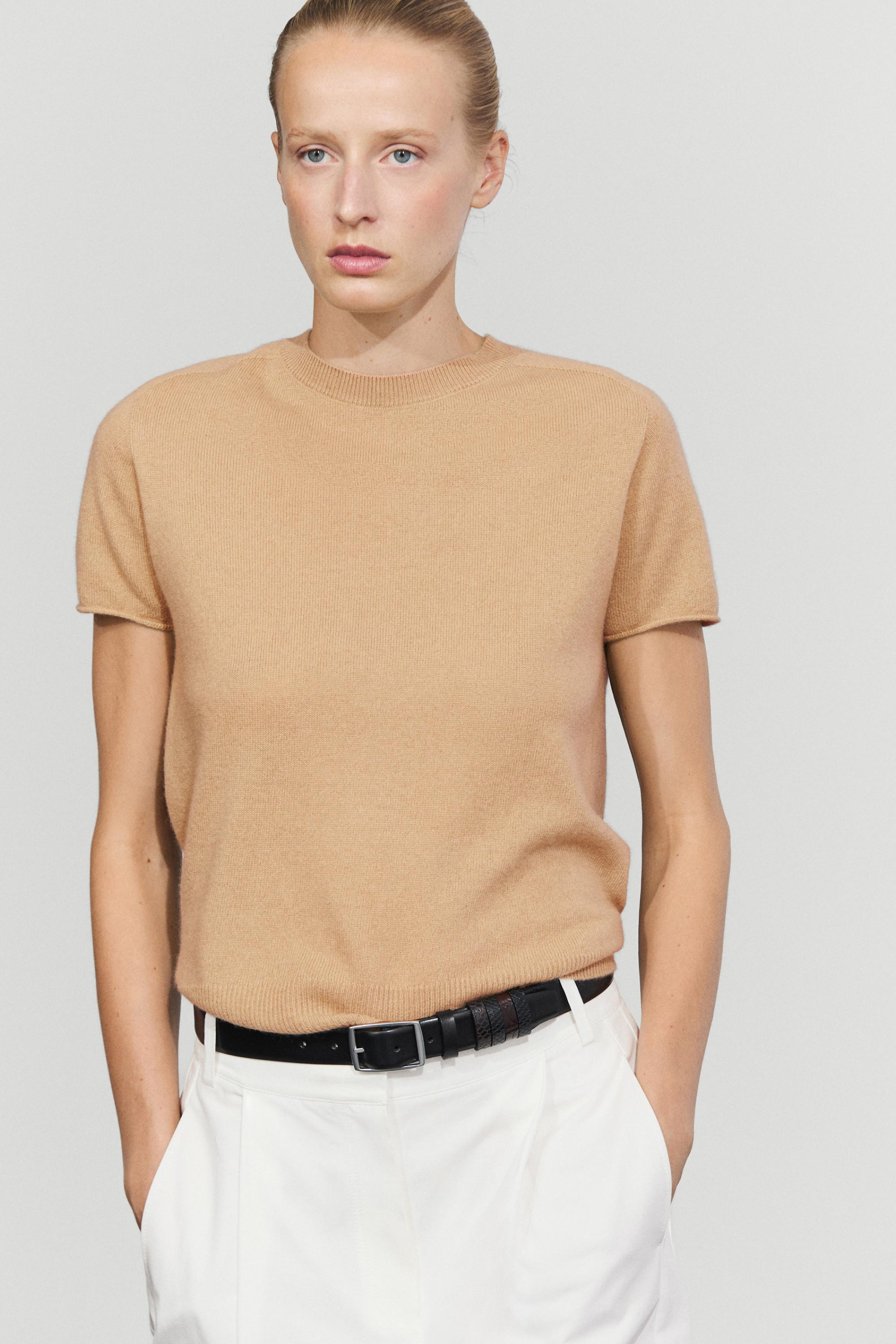 100% cashmere short sleeve knit sweater - CAMEL