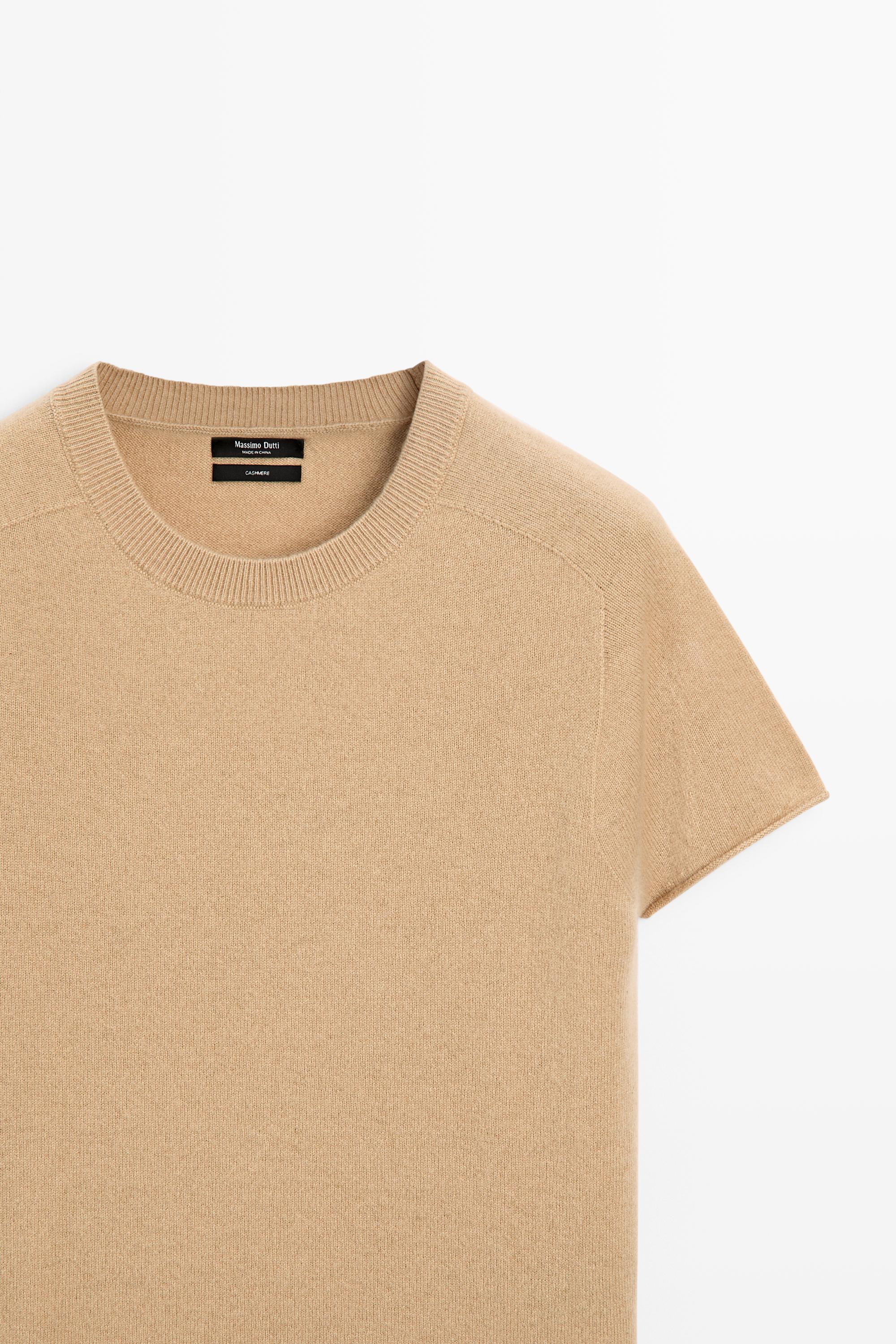 100% cashmere short sleeve knit sweater - CAMEL
