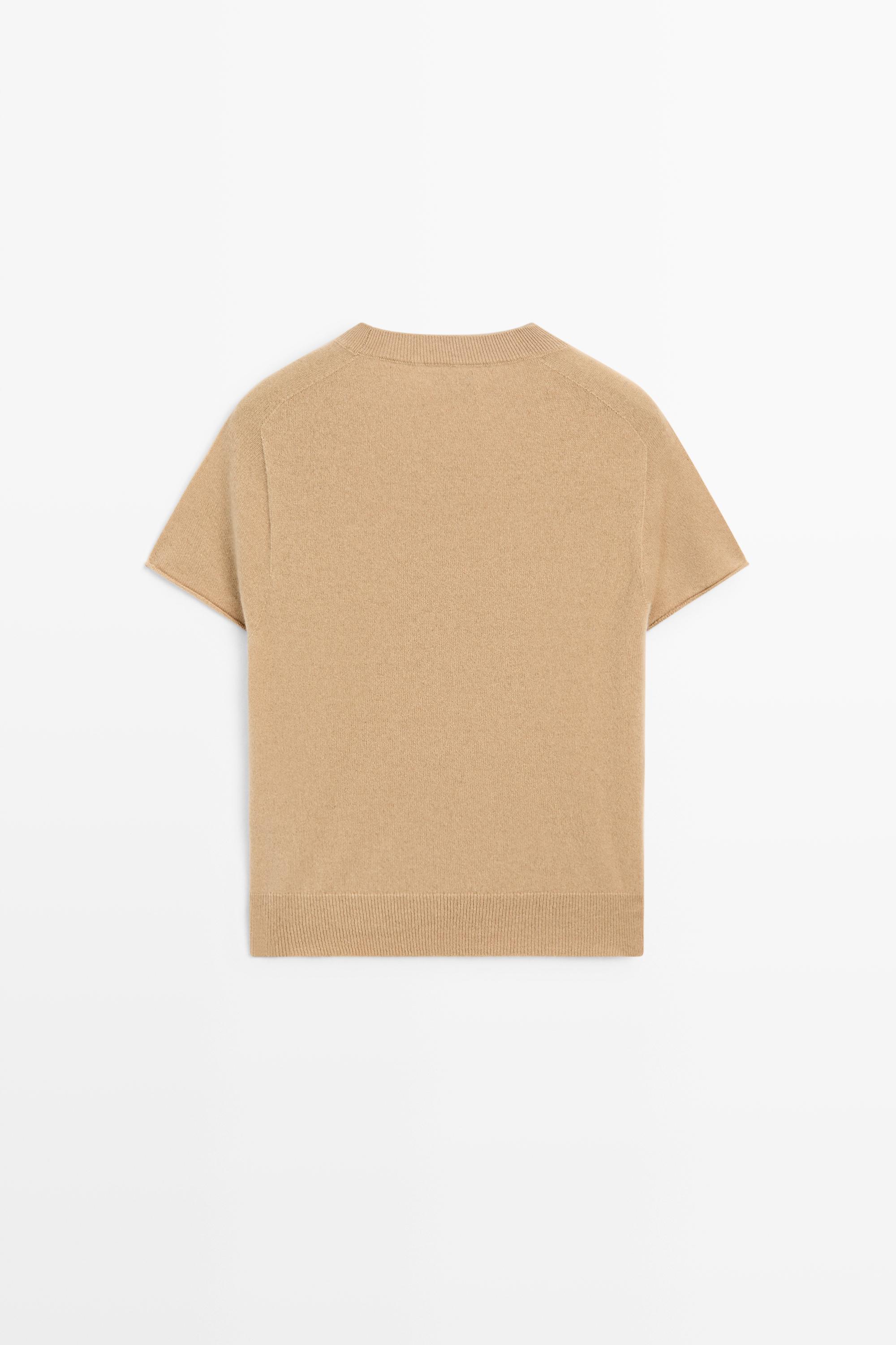 100% cashmere short sleeve knit sweater - CAMEL