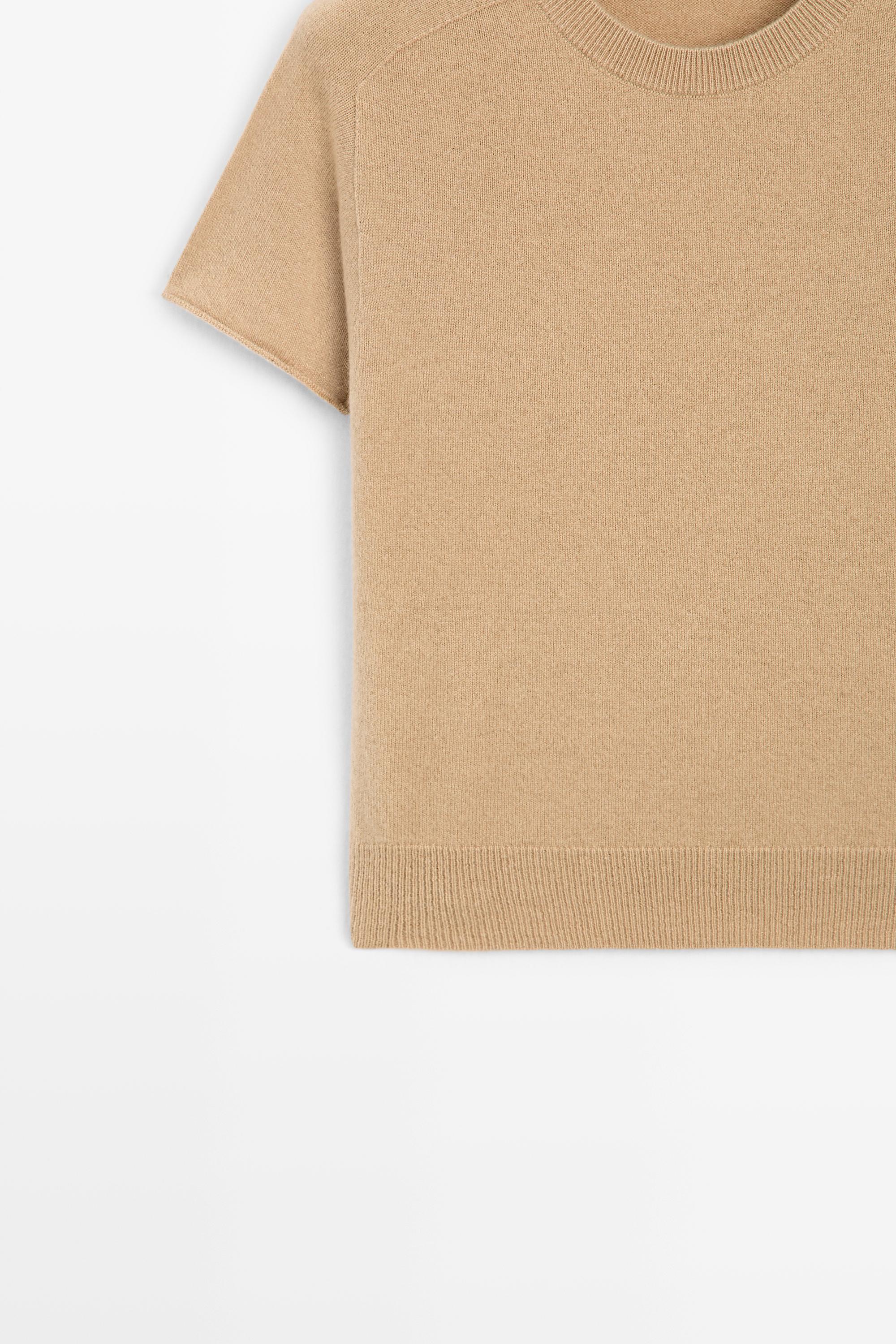 100% cashmere short sleeve knit sweater - CAMEL
