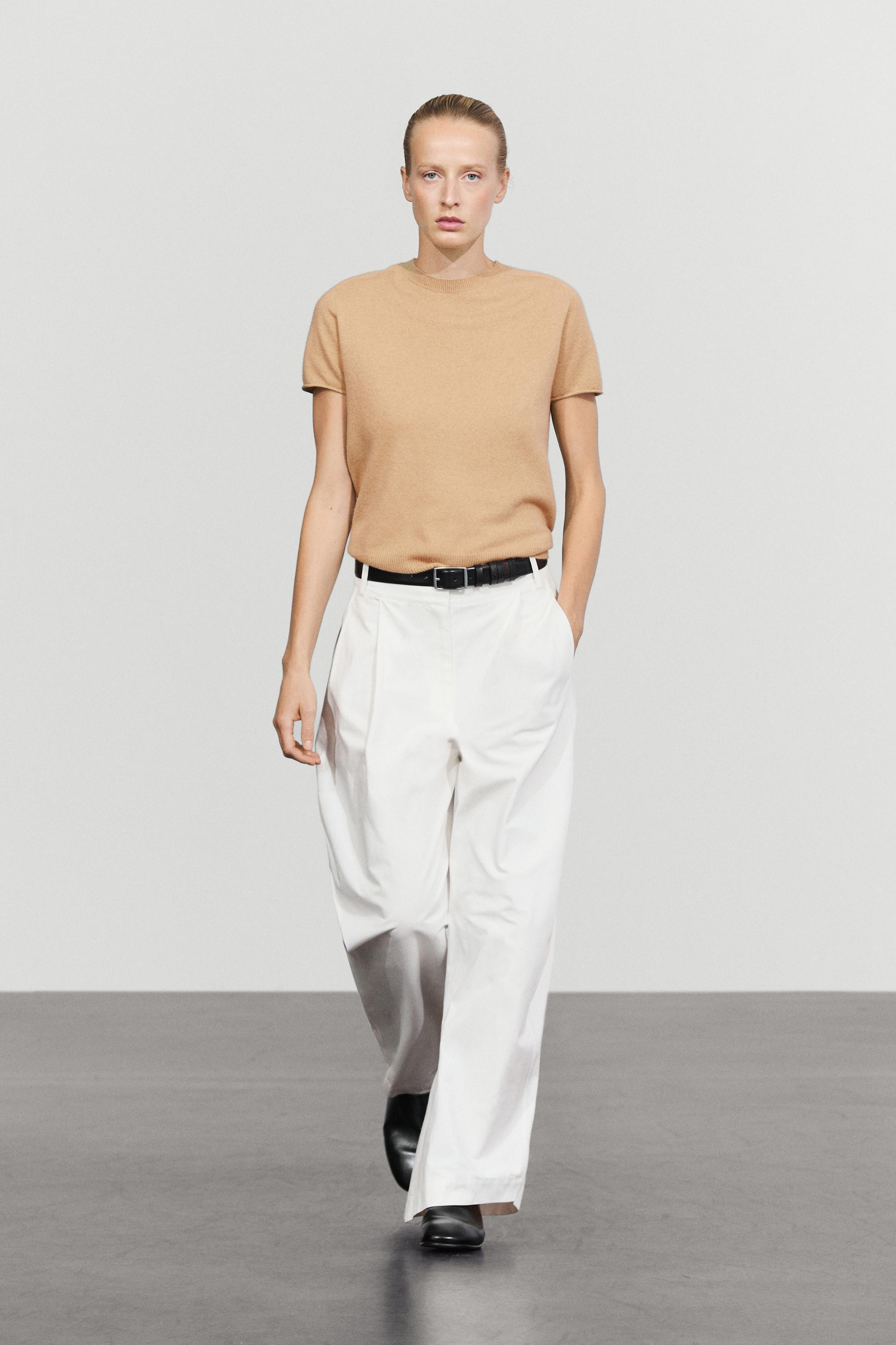 100% cashmere short sleeve knit sweater - CAMEL