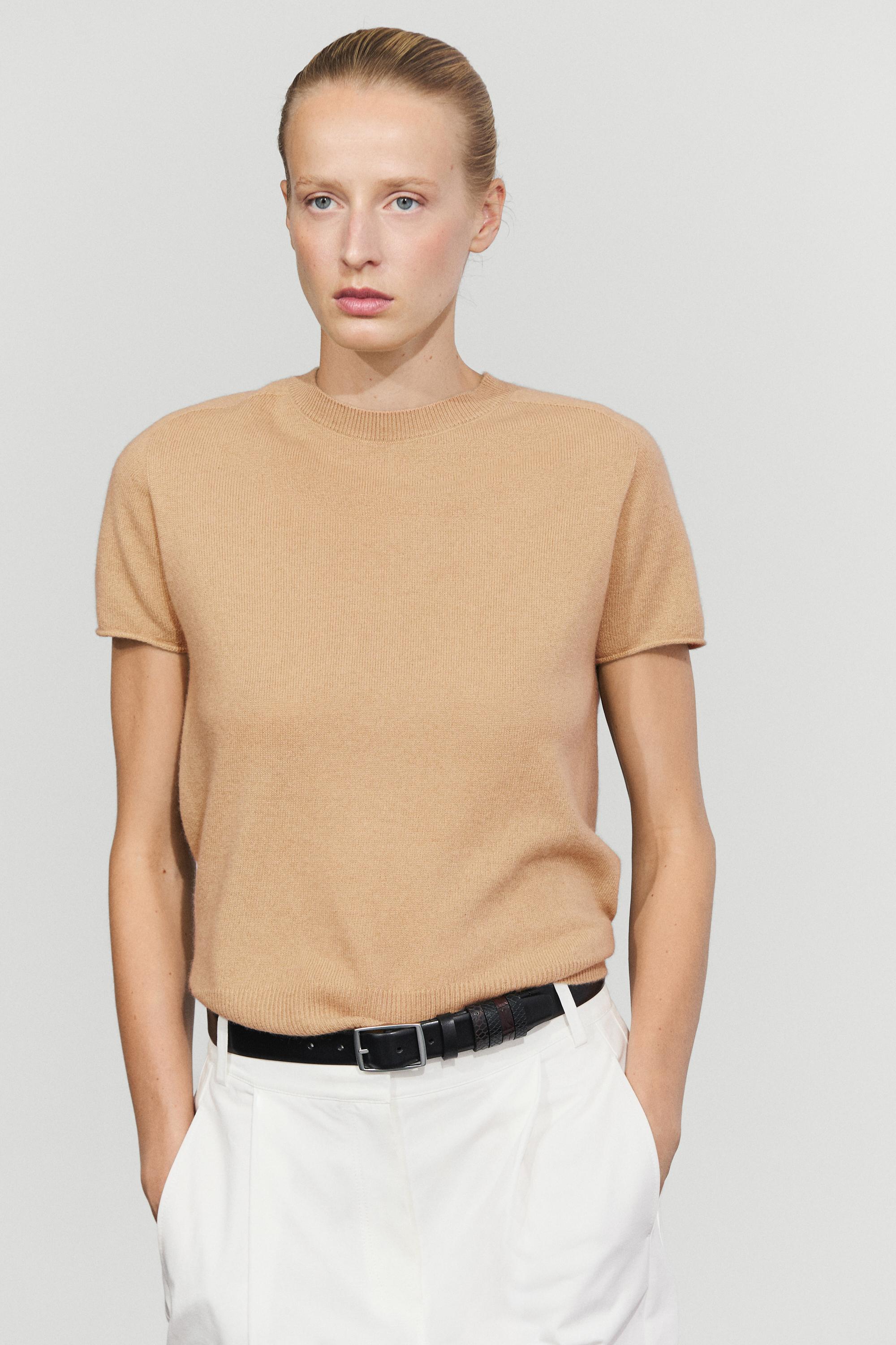 100% cashmere short sleeve knit sweater - CAMEL