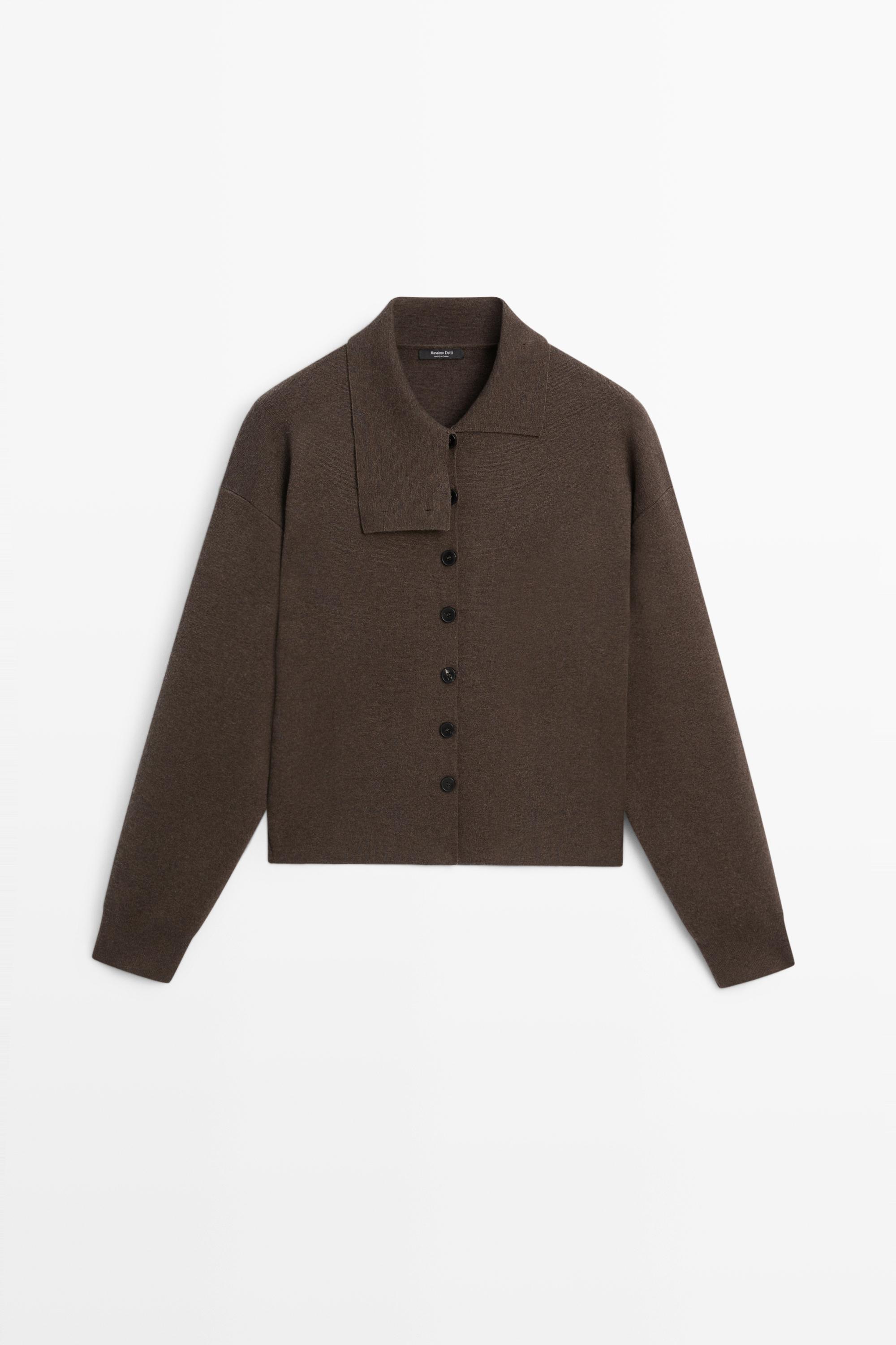 Knit cardigan with collar detail - CHOCOLATE BROWN
