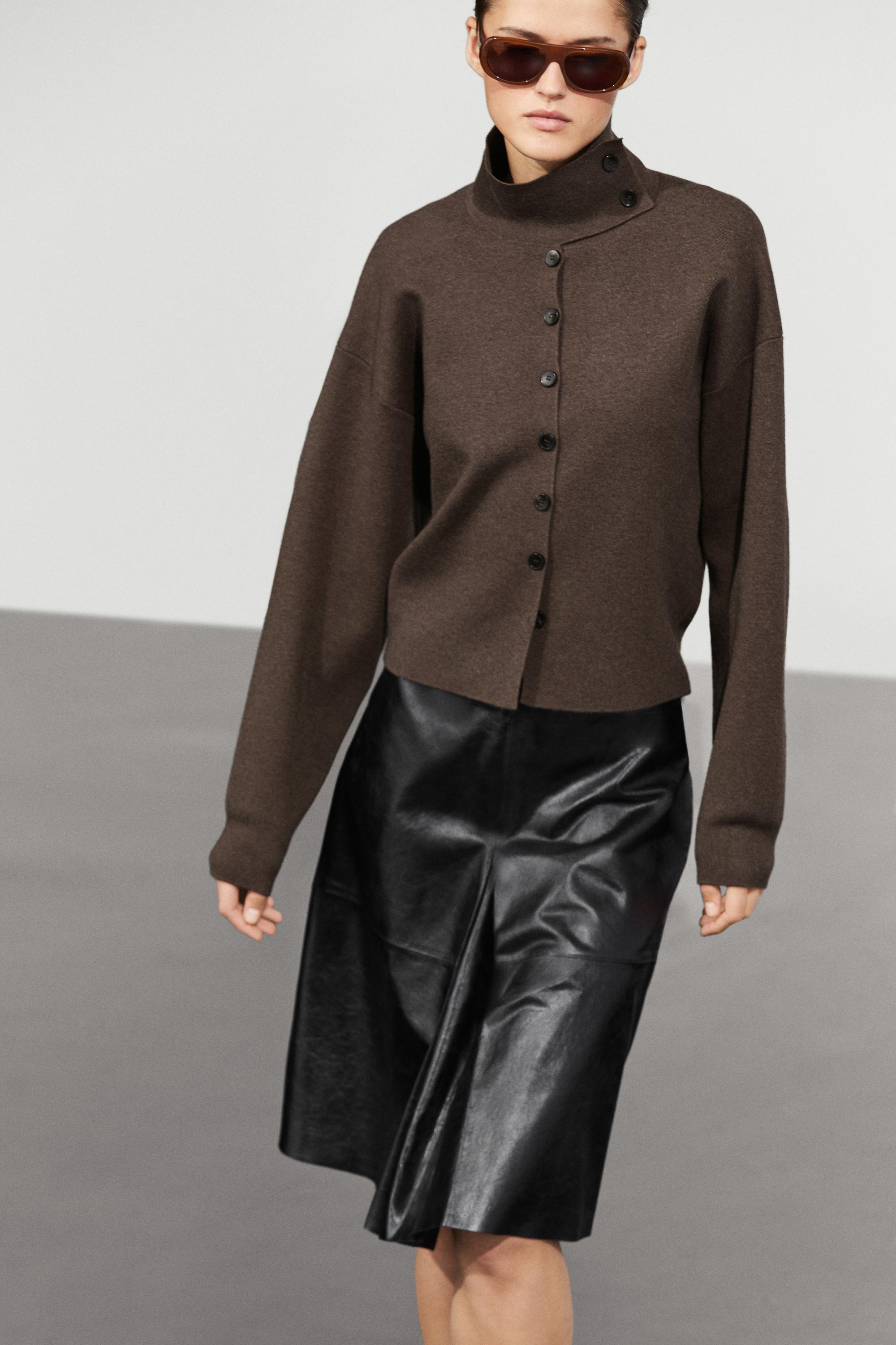 Knit cardigan with collar detail - CHOCOLATE BROWN