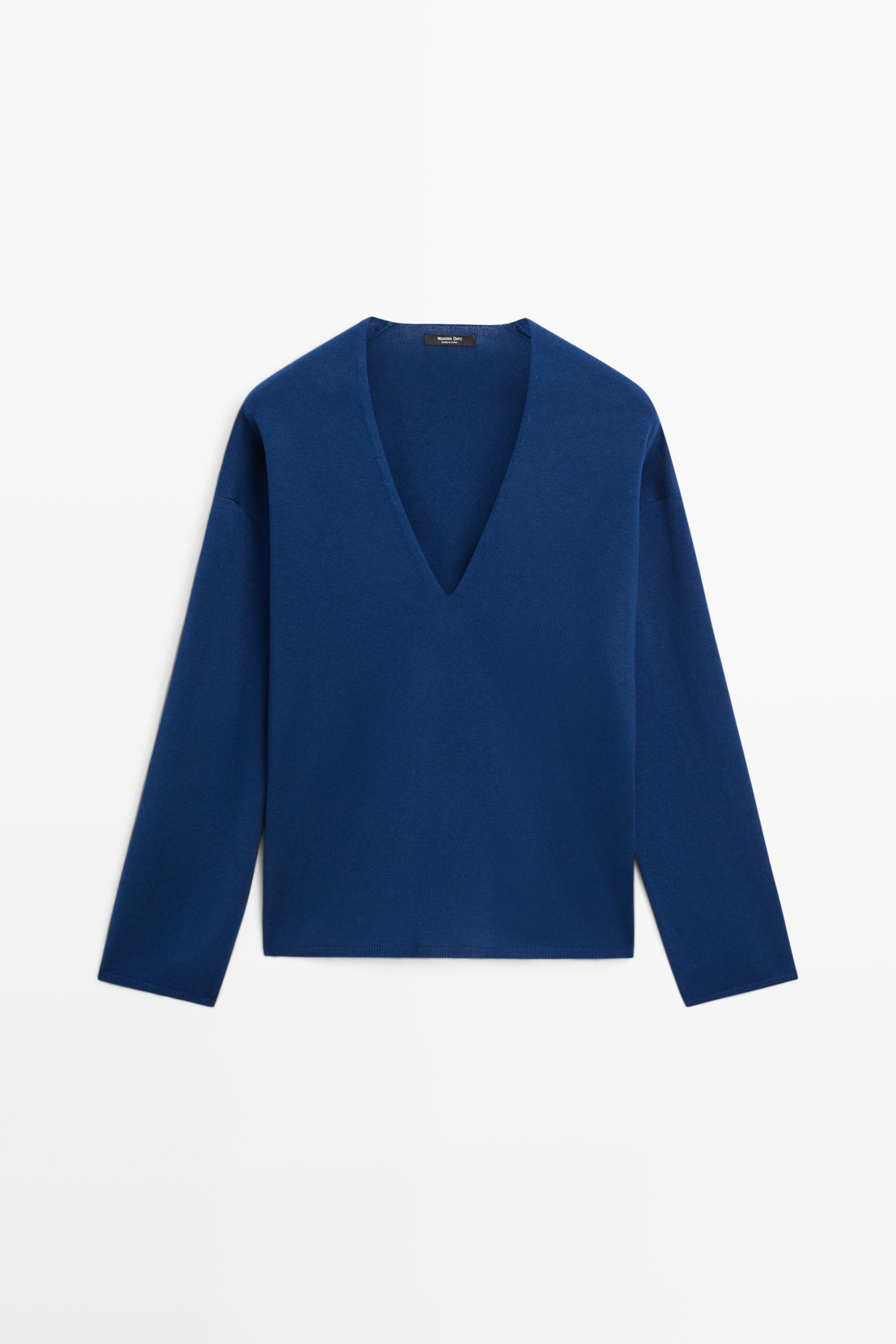 Striped V-neck knit sweater - NAVY BLUE