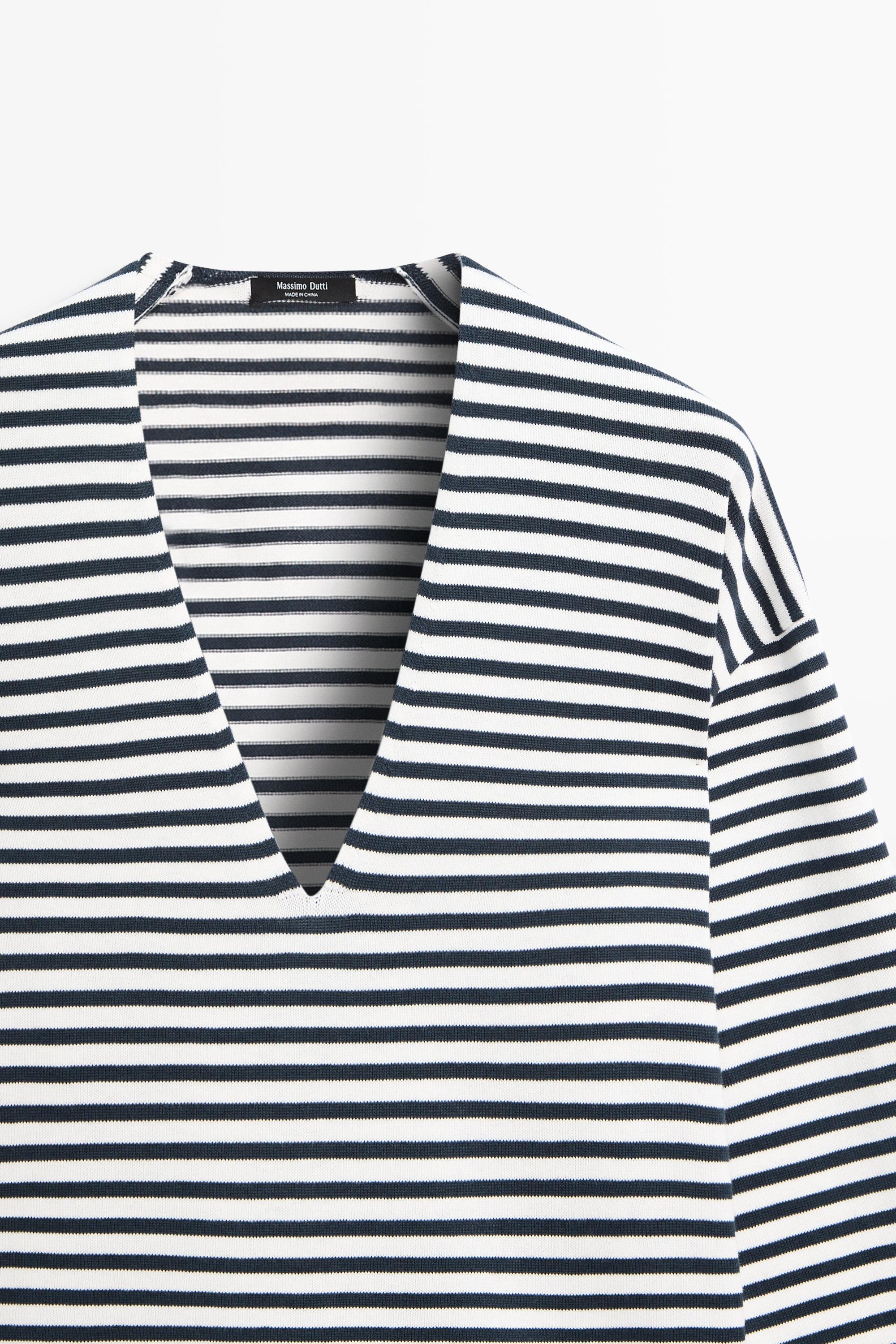 Striped V-neck knit sweater - CREAM
