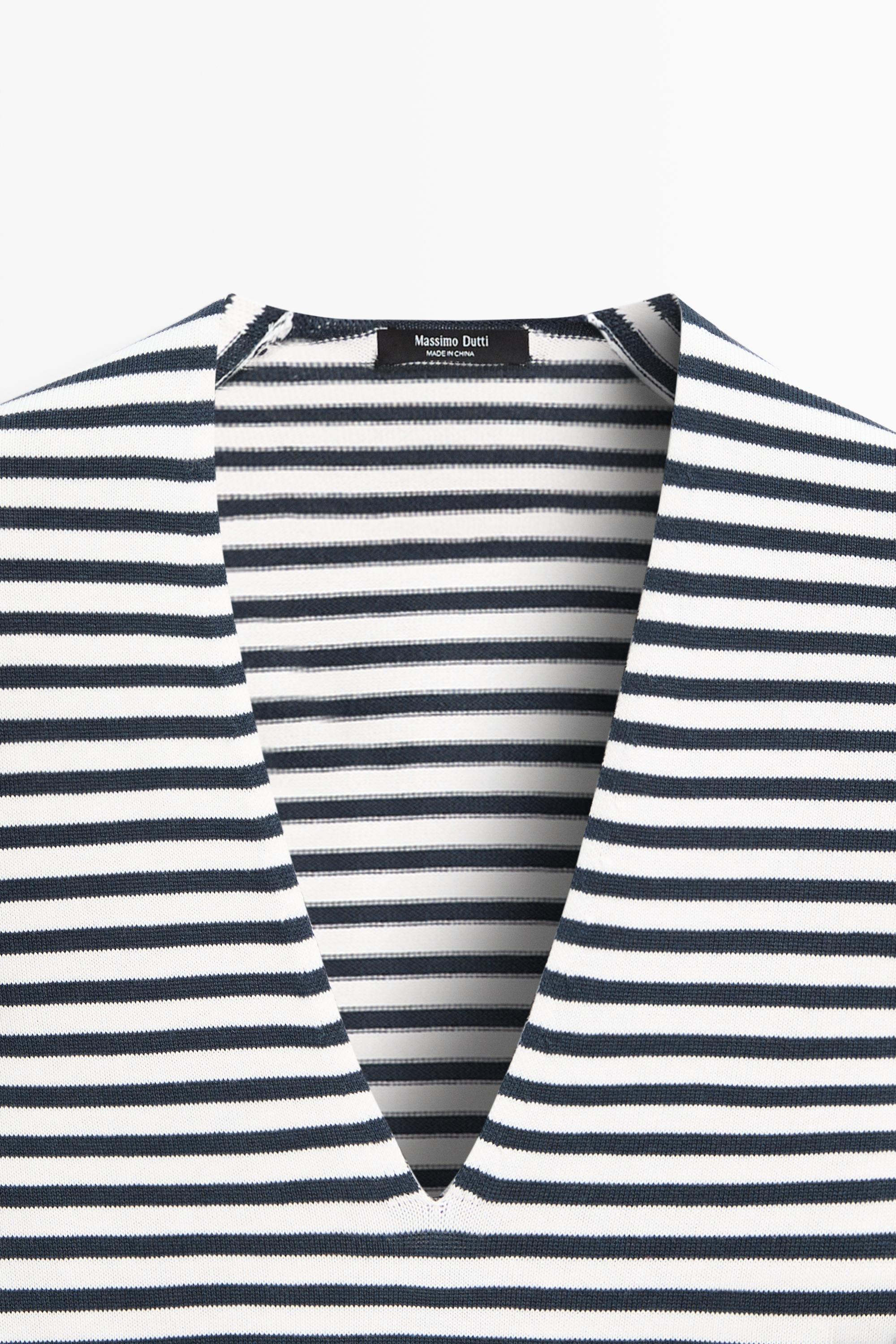 Striped V-neck knit sweater - CREAM