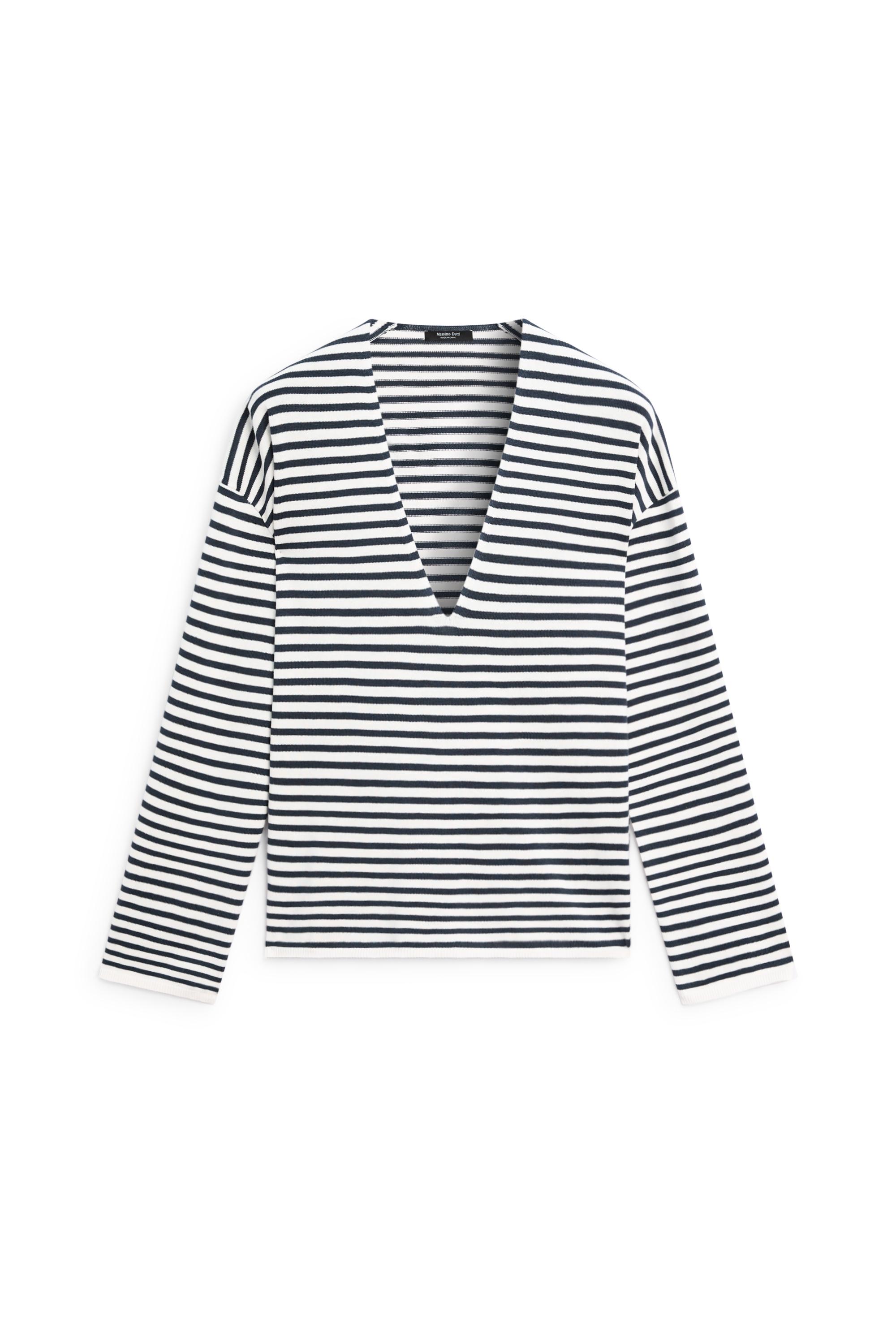 Striped V-neck knit sweater - CREAM