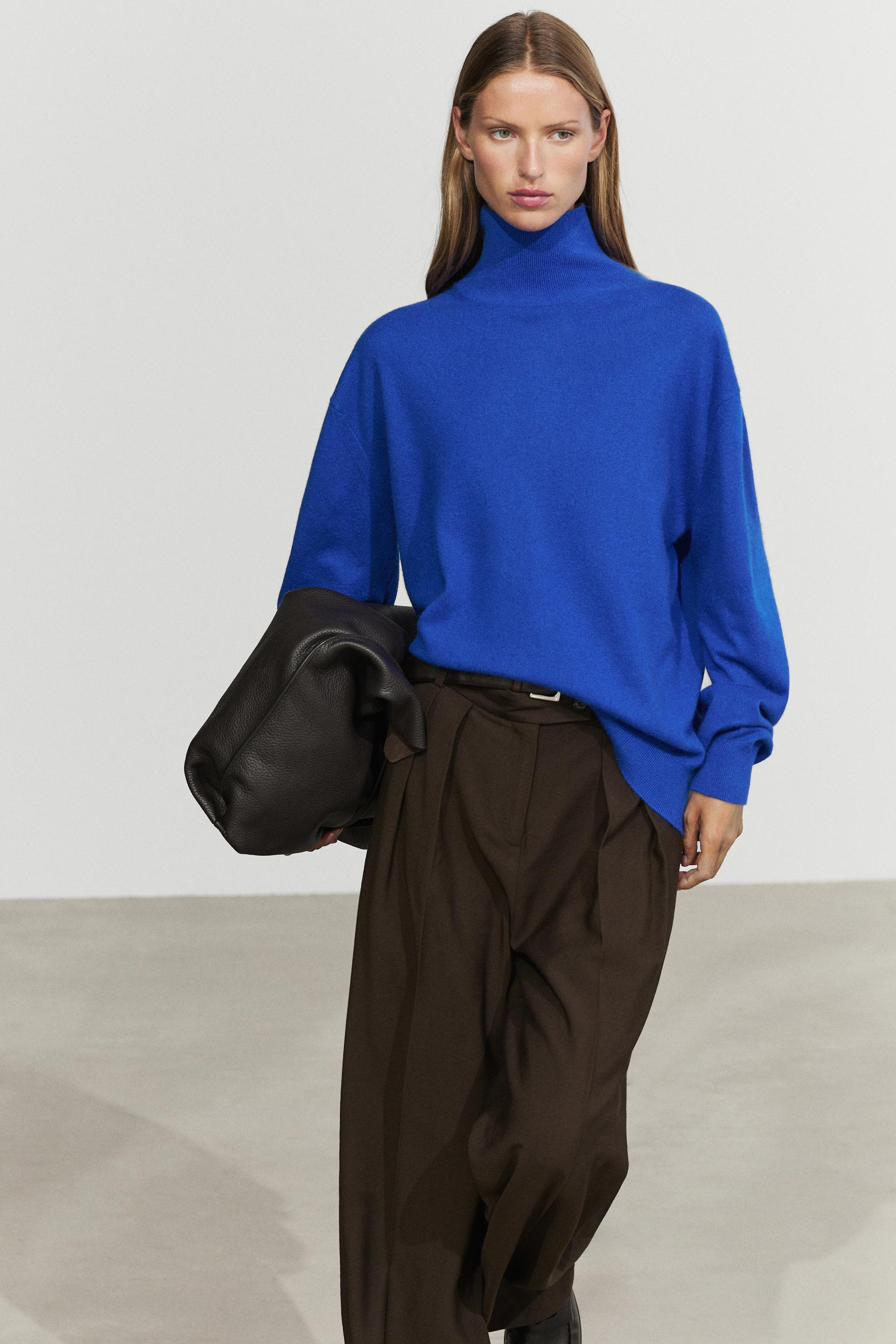 100% cashmere high neck knit sweater - DEEP BLUE