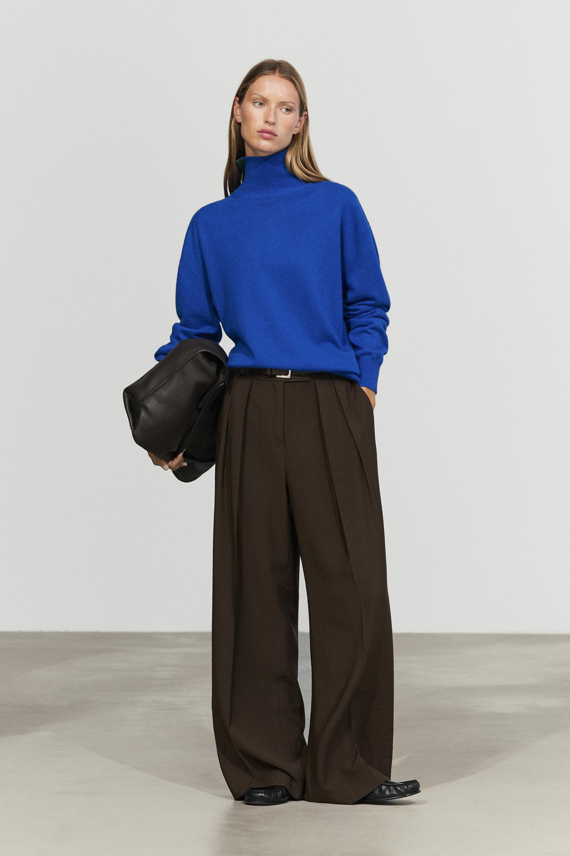 100% cashmere high neck knit sweater - DEEP BLUE
