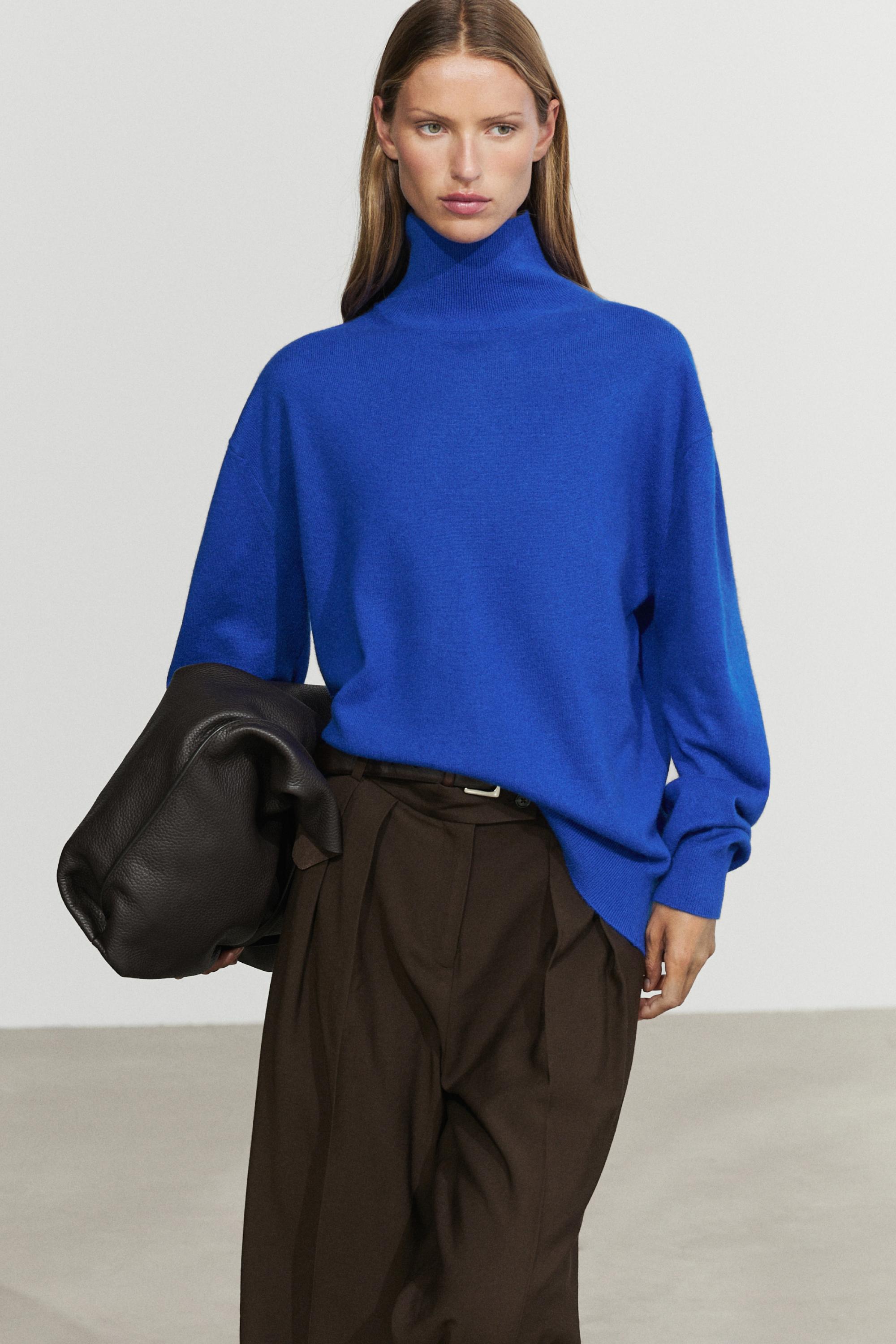 100% cashmere high neck knit sweater - DEEP BLUE