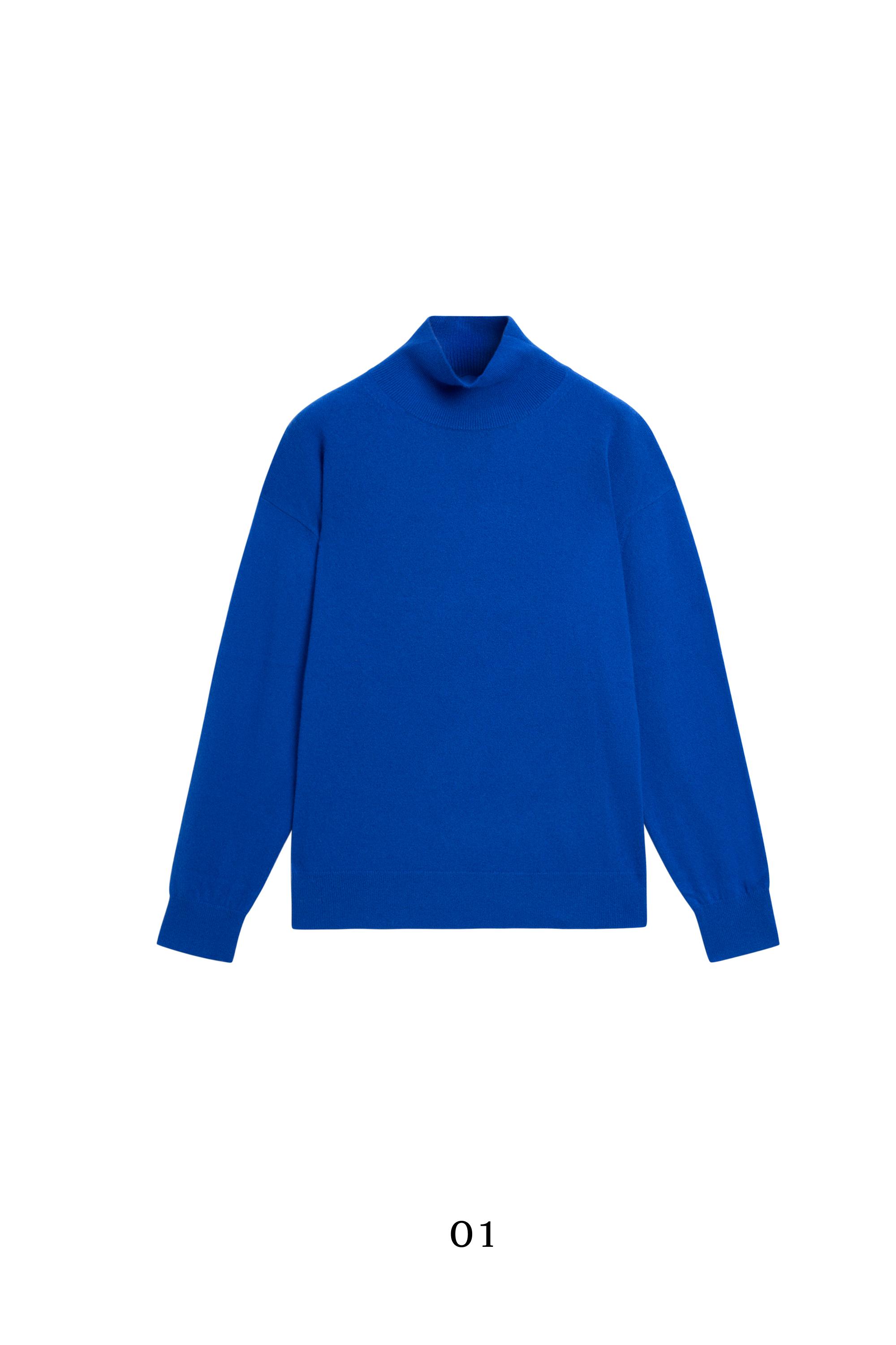100% cashmere high neck knit sweater - DEEP BLUE
