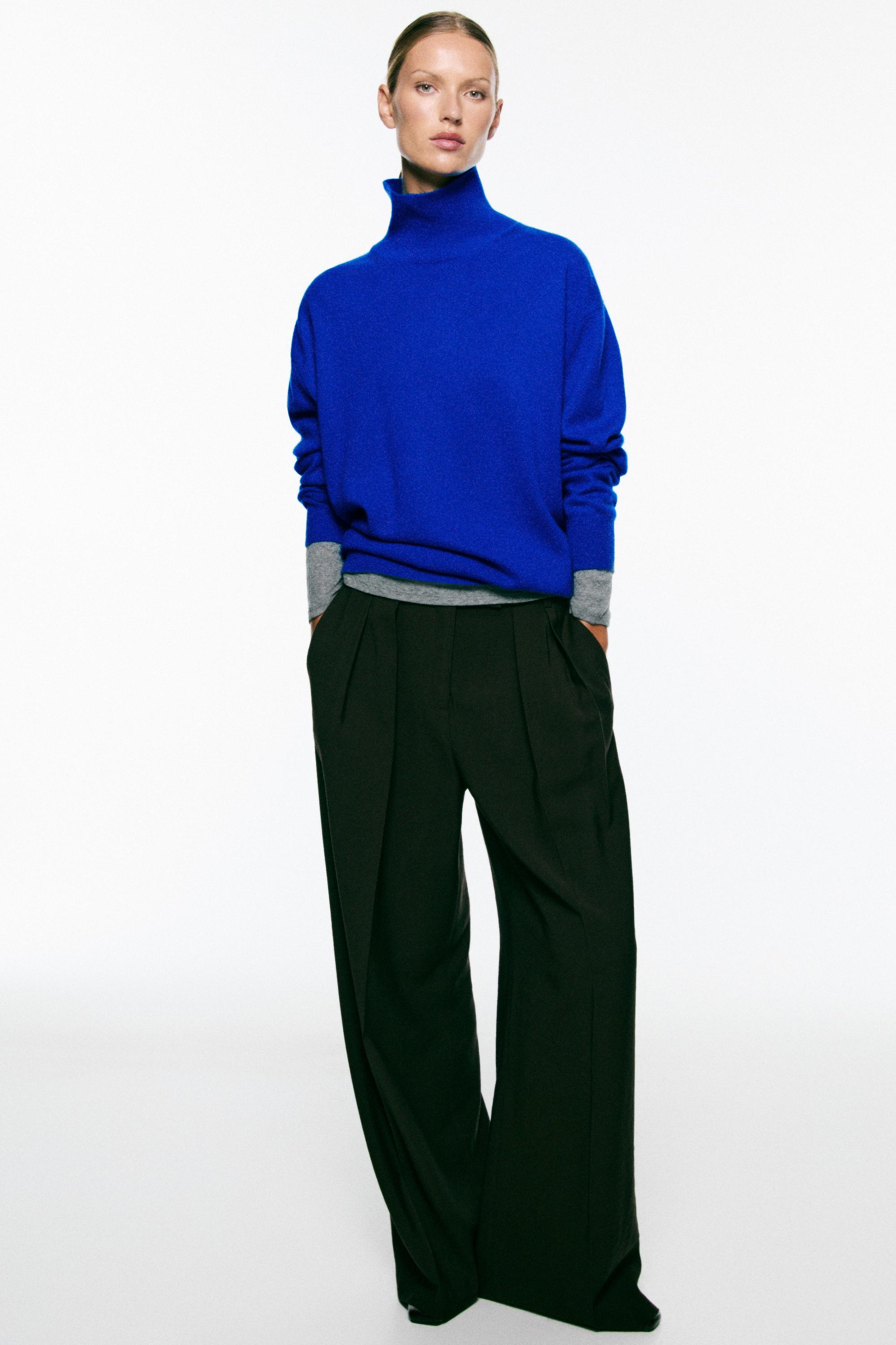 100% cashmere high neck knit sweater - DEEP BLUE
