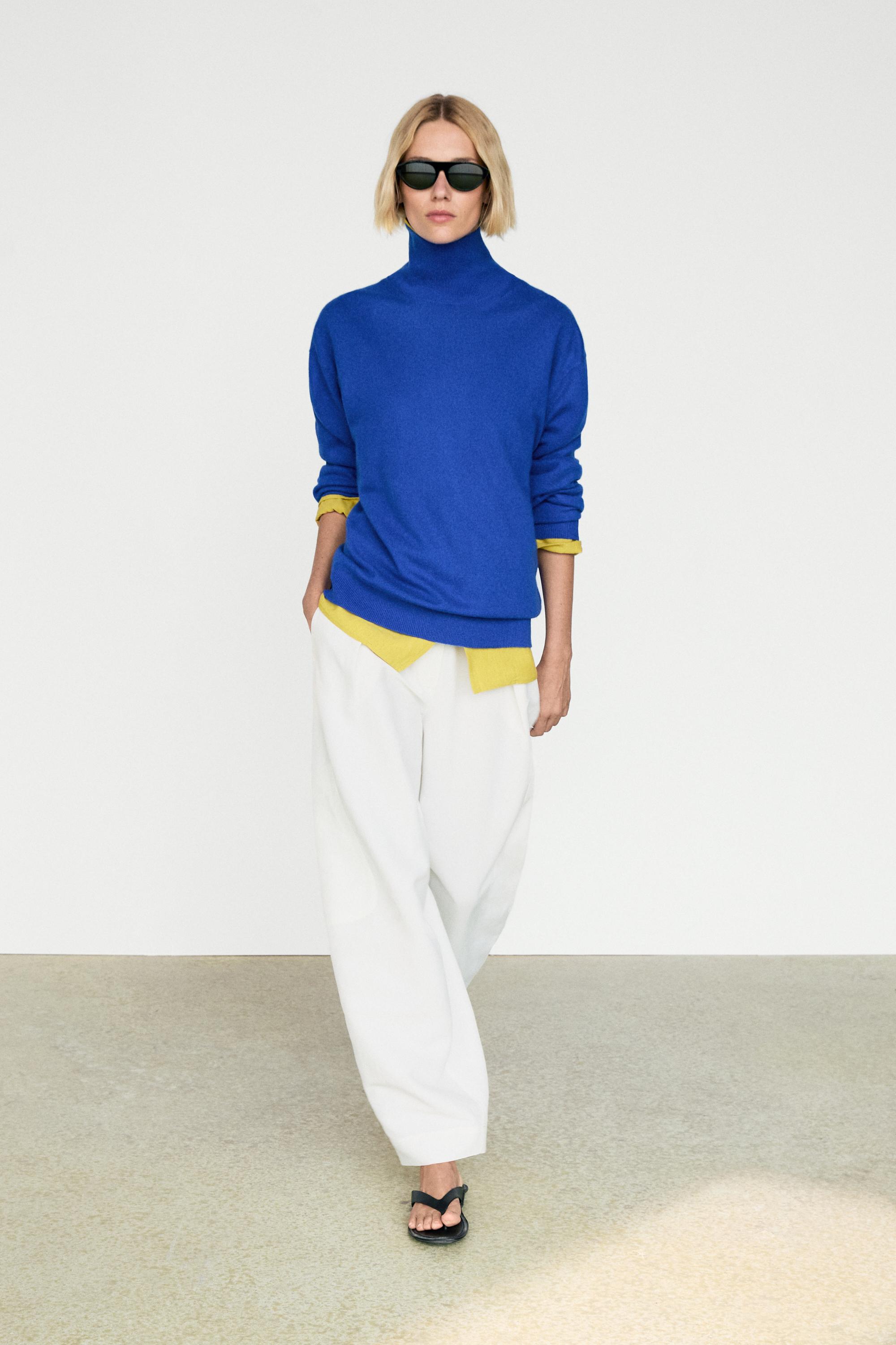 100% cashmere high neck knit sweater - DEEP BLUE