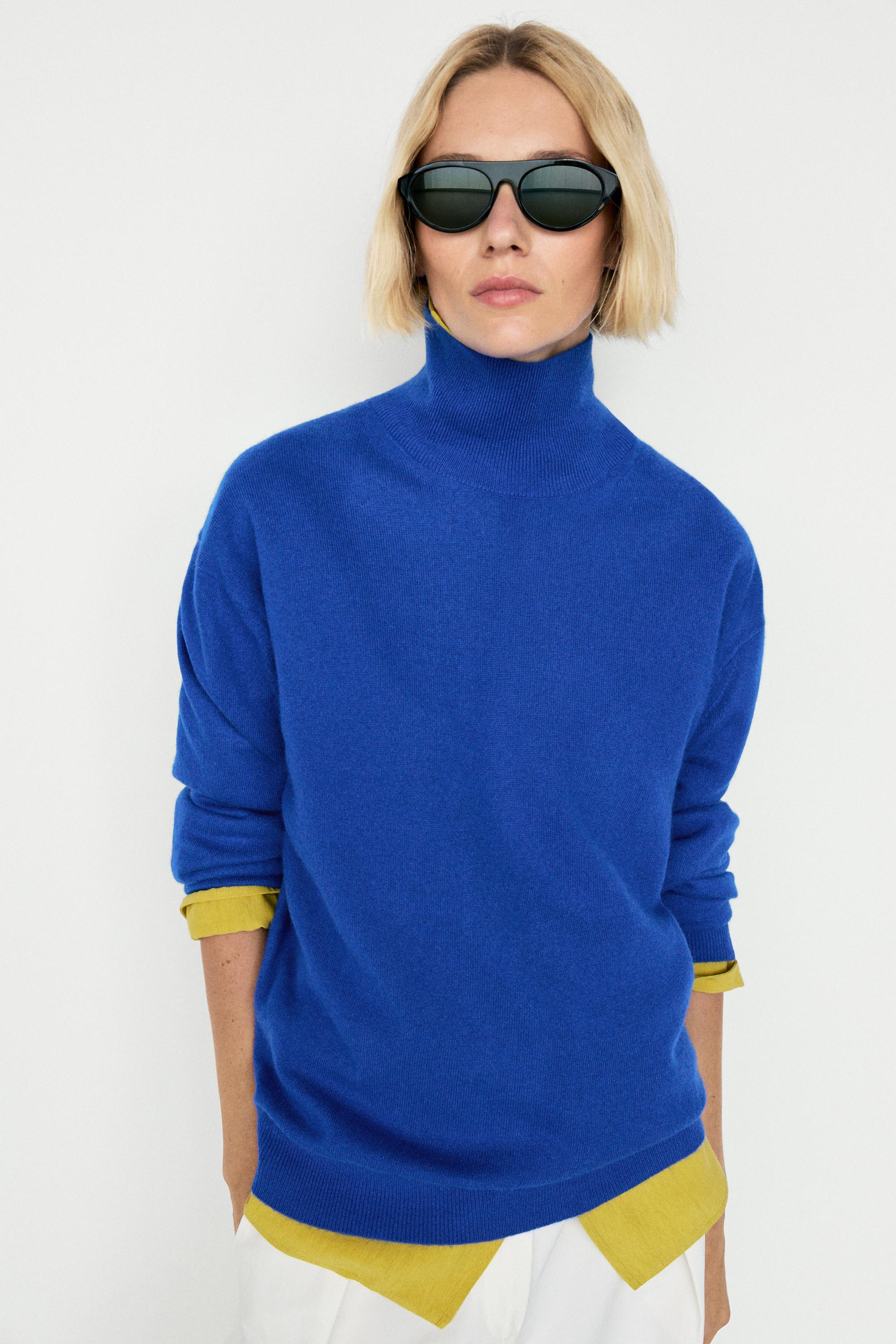 100% cashmere high neck knit sweater - DEEP BLUE