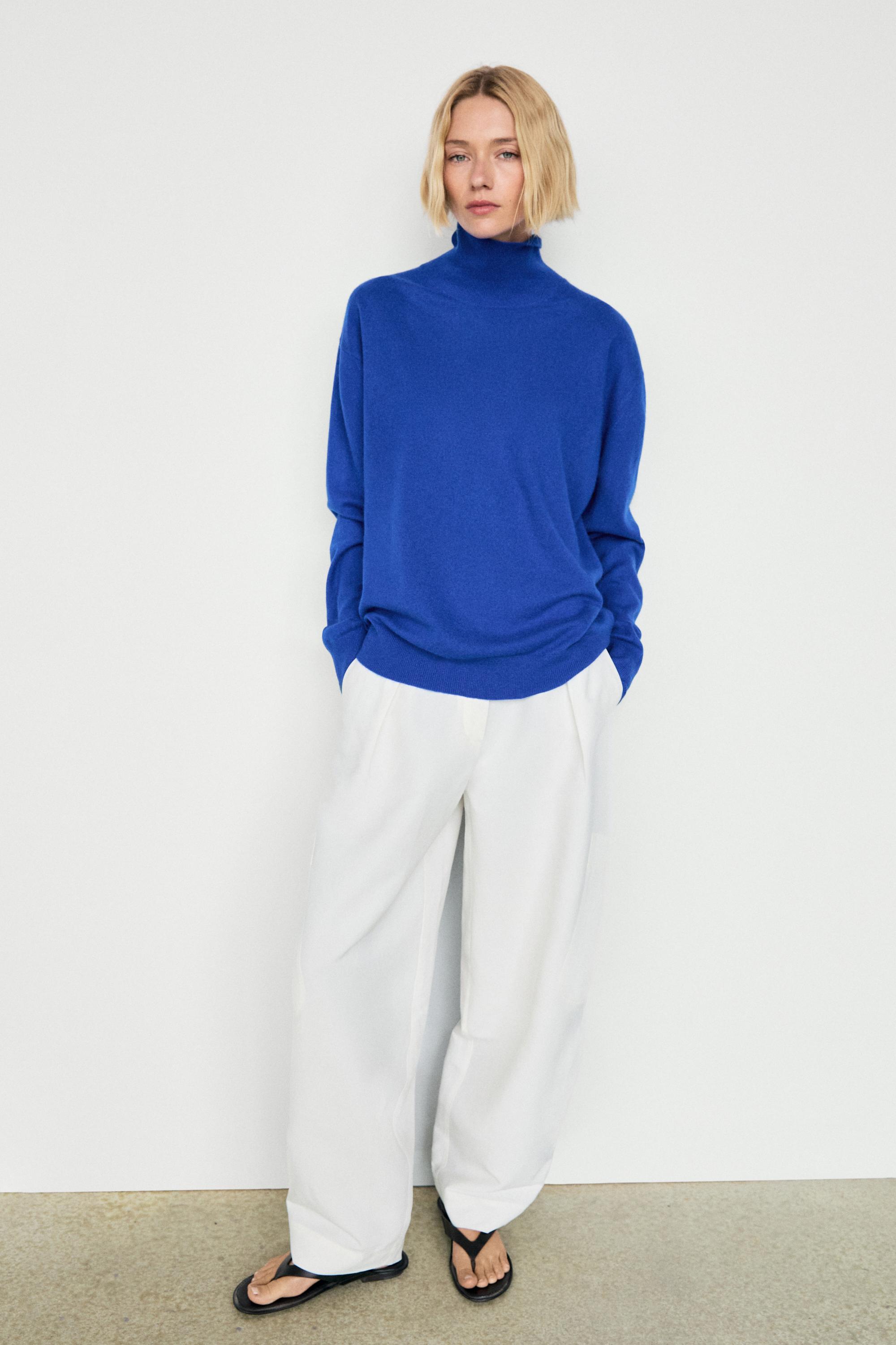 100% cashmere high neck knit sweater - DEEP BLUE